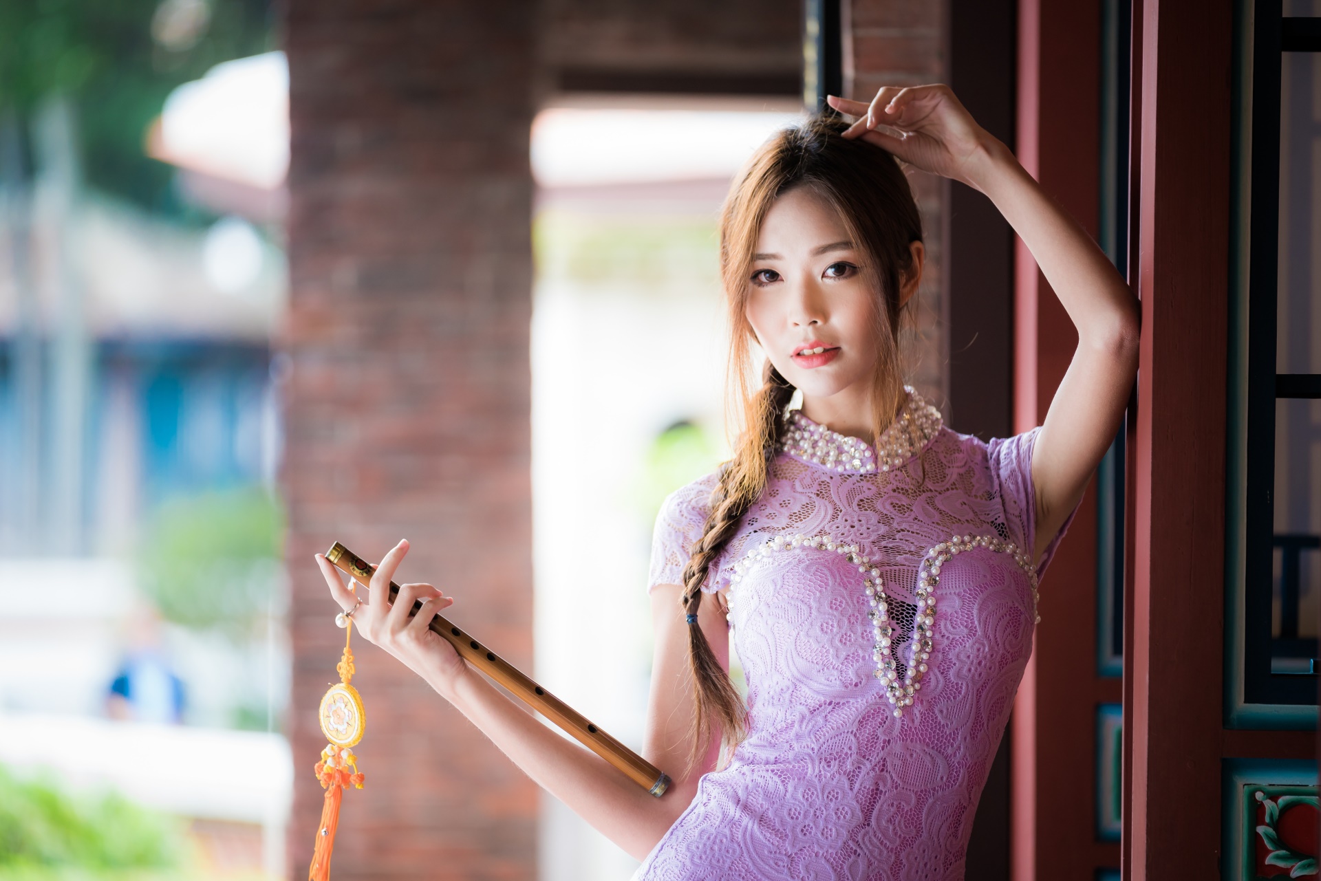 Download mobile wallpaper Brunette, Model, Women, Braid, Asian, Depth Of Field, Pink Dress for free.