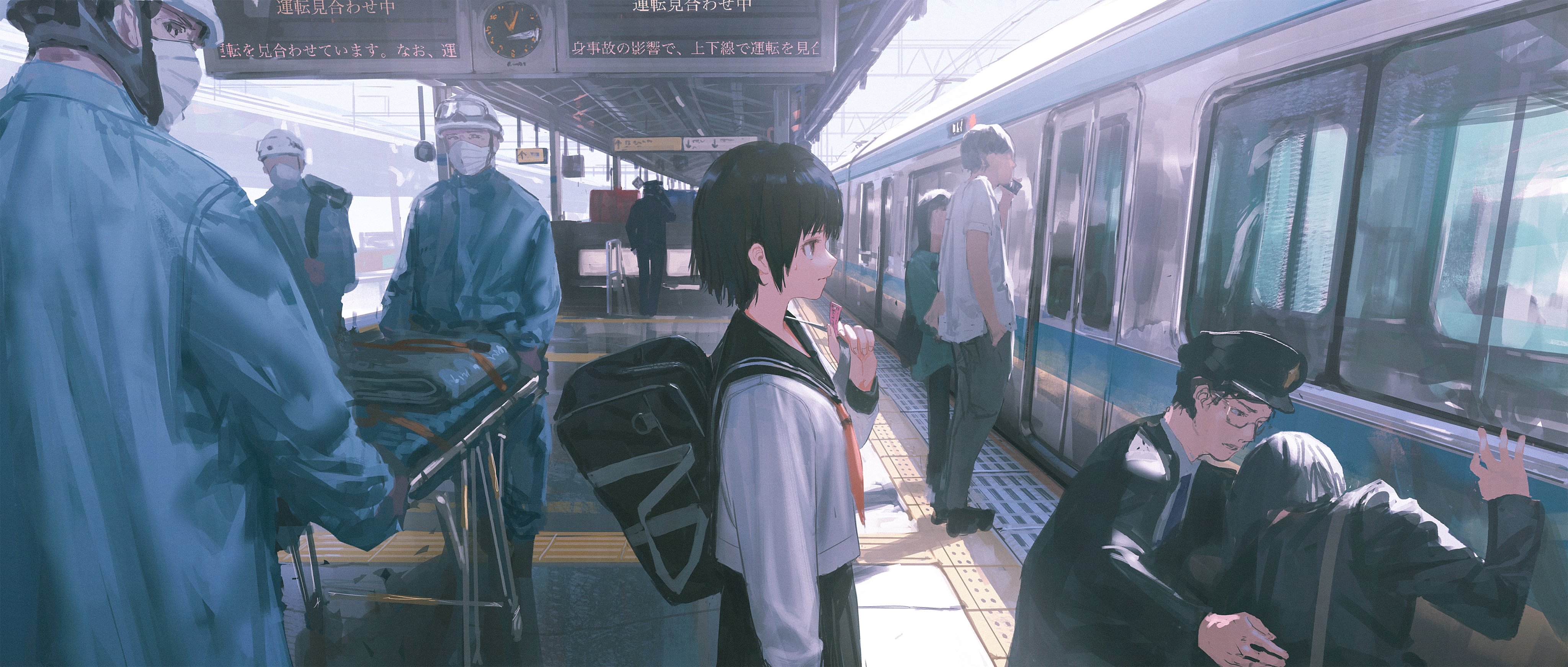 1013068 скачать обои аниме, железнодорожный вокзал, школьная форма, поезд - заставки и картинки бесплатно