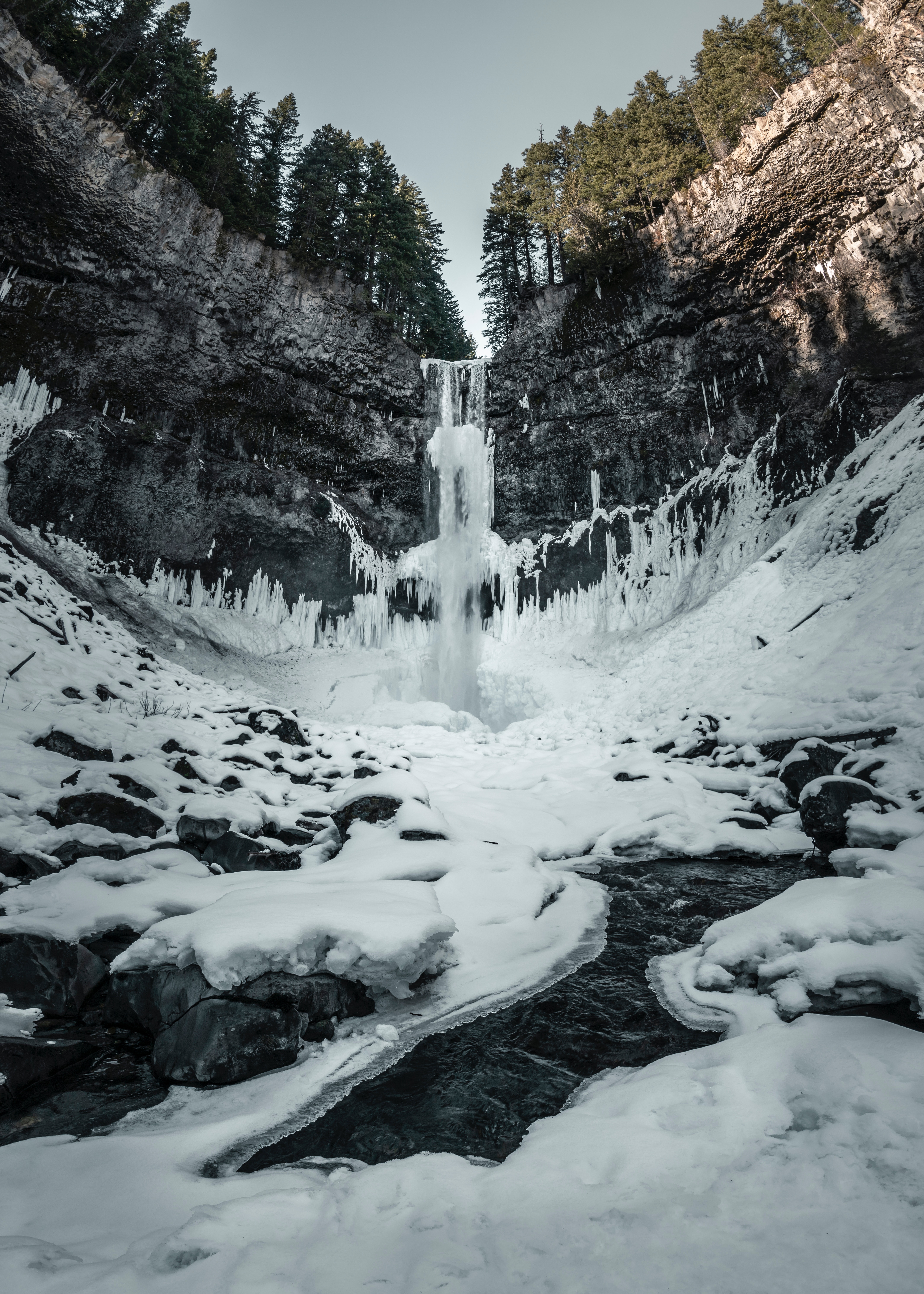 nature, waterfall, trees, ice, snow, break, precipice mobile wallpaper