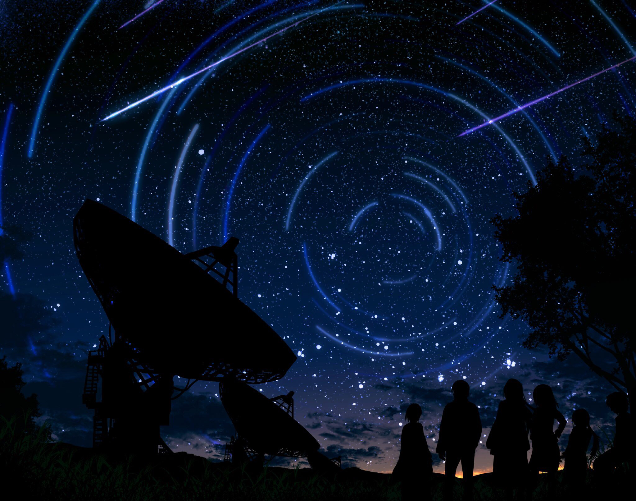 anime, original, antenna, people, shooting star, starry sky, telescope
