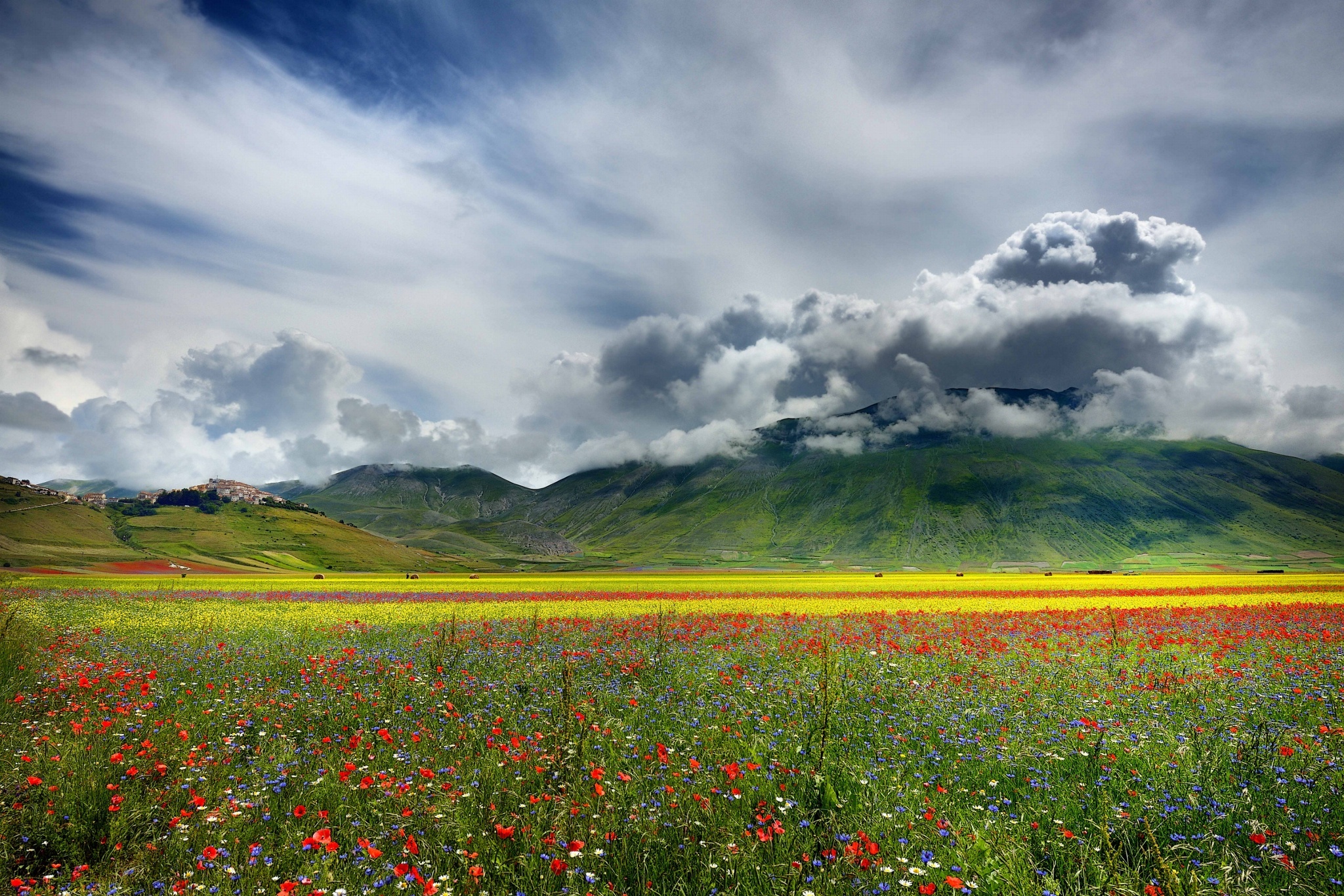 Free download wallpaper Landscape, Nature, Mountain, Flower, Earth, Field, Cloud, Meadow on your PC desktop