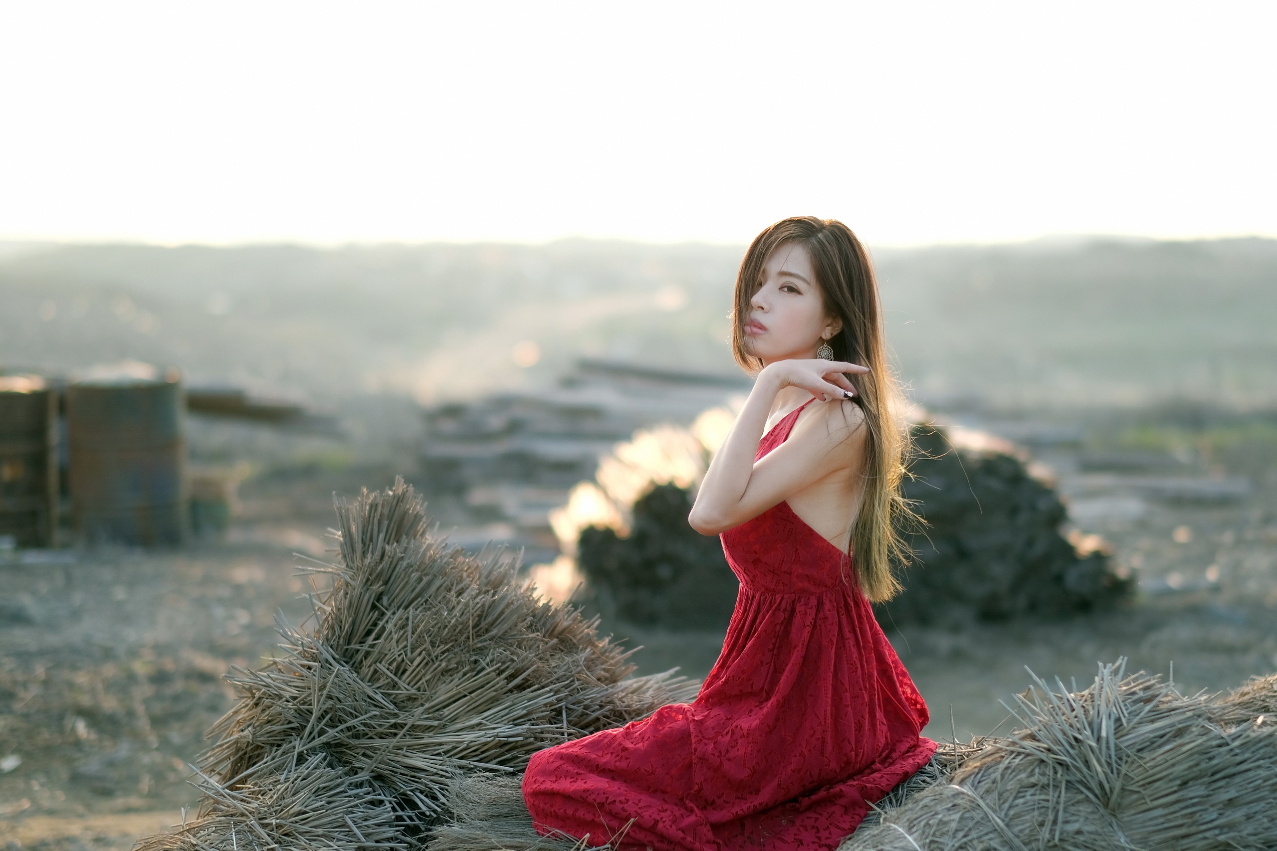 Download mobile wallpaper Brunette, Model, Women, Asian, Red Dress, Depth Of Field for free.