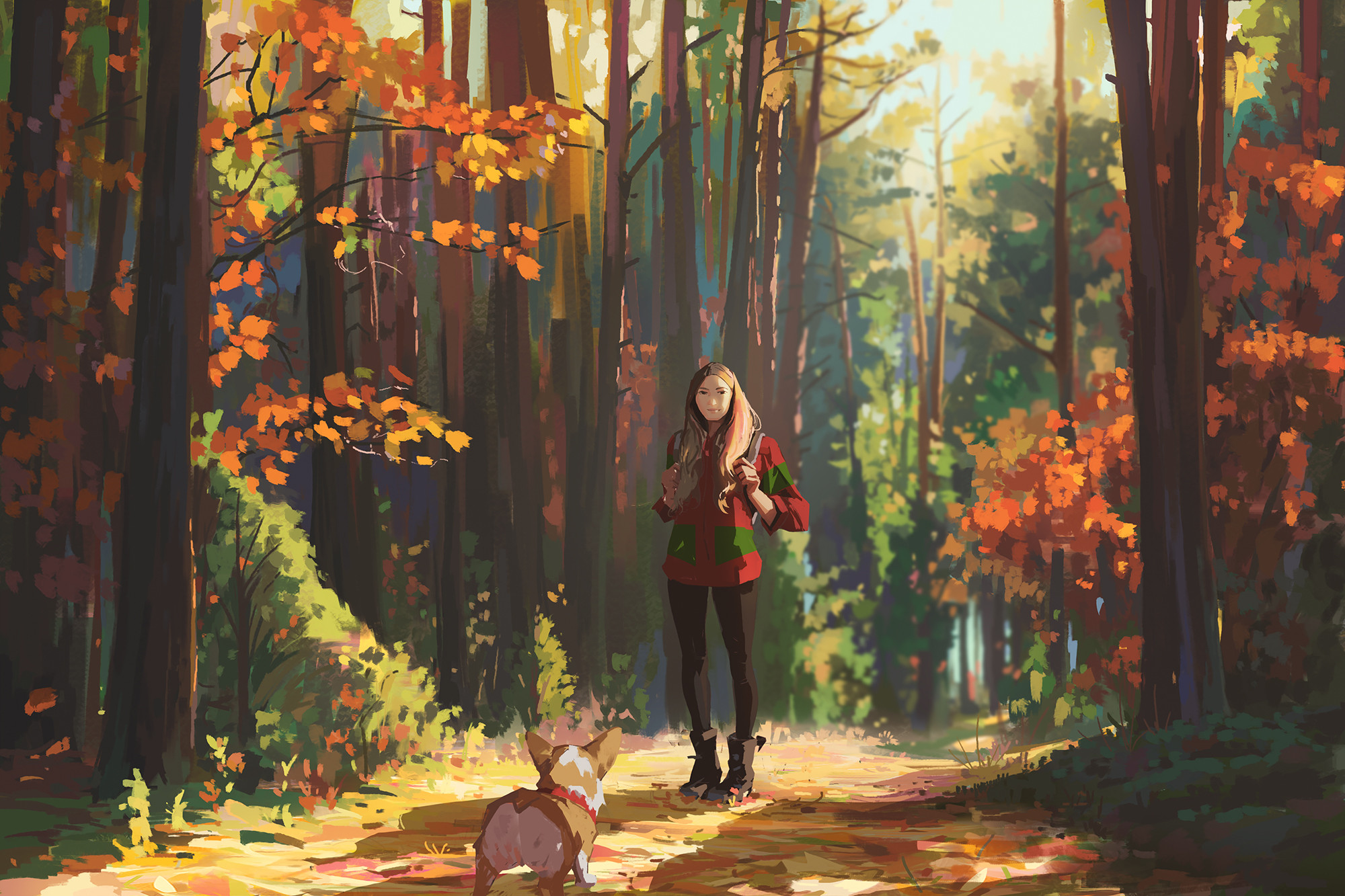 Download mobile wallpaper Anime, Forest, Dog, Girl for free.