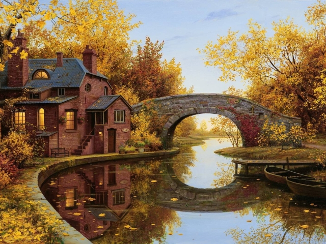 Laden Sie das Herbst, Fluss, Haus, Brücke, Menschengemacht-Bild kostenlos auf Ihren PC-Desktop herunter