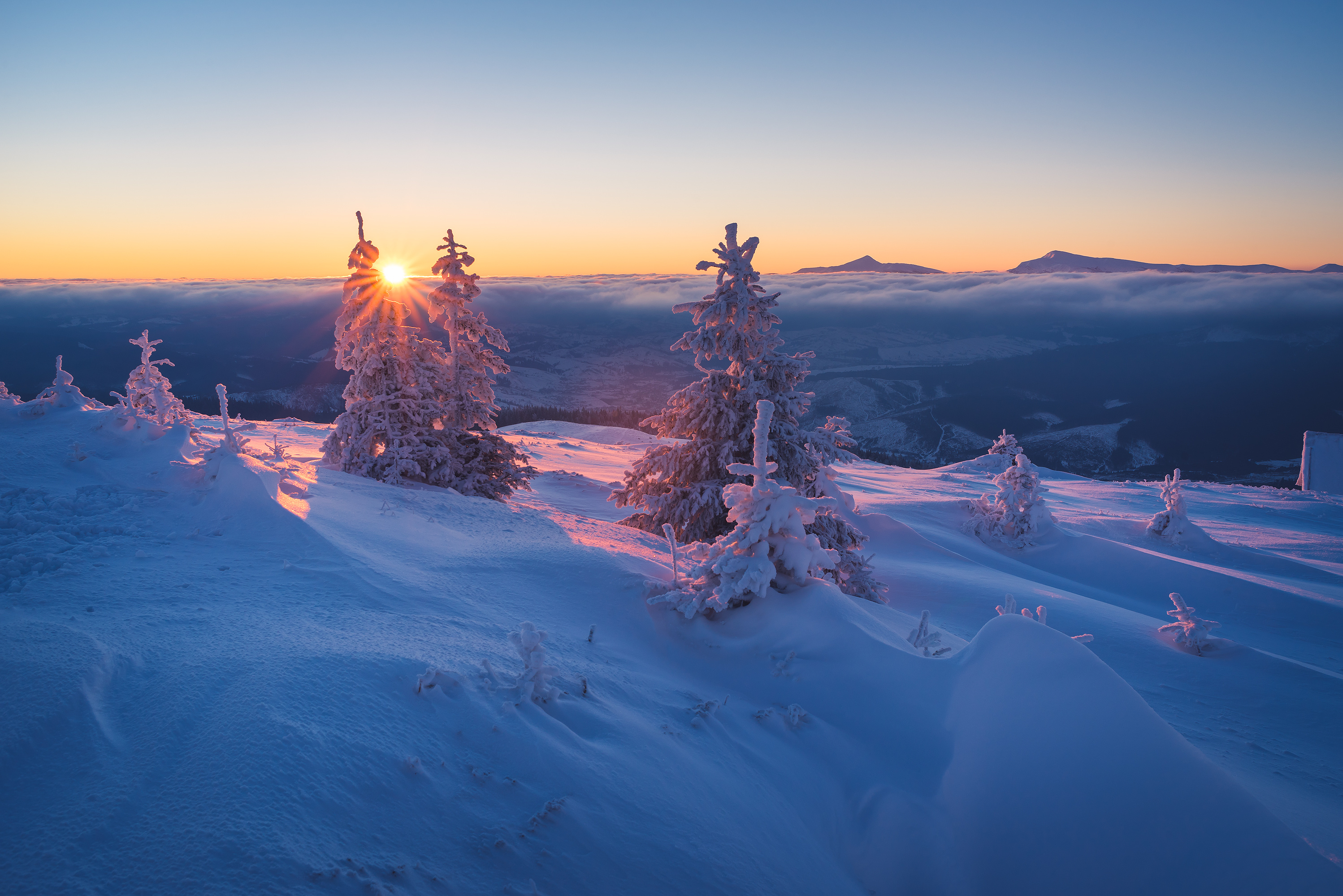 Free download wallpaper Landscape, Winter, Nature, Snow, Horizon, Tree, Sunrise, Earth, Sunbeam on your PC desktop
