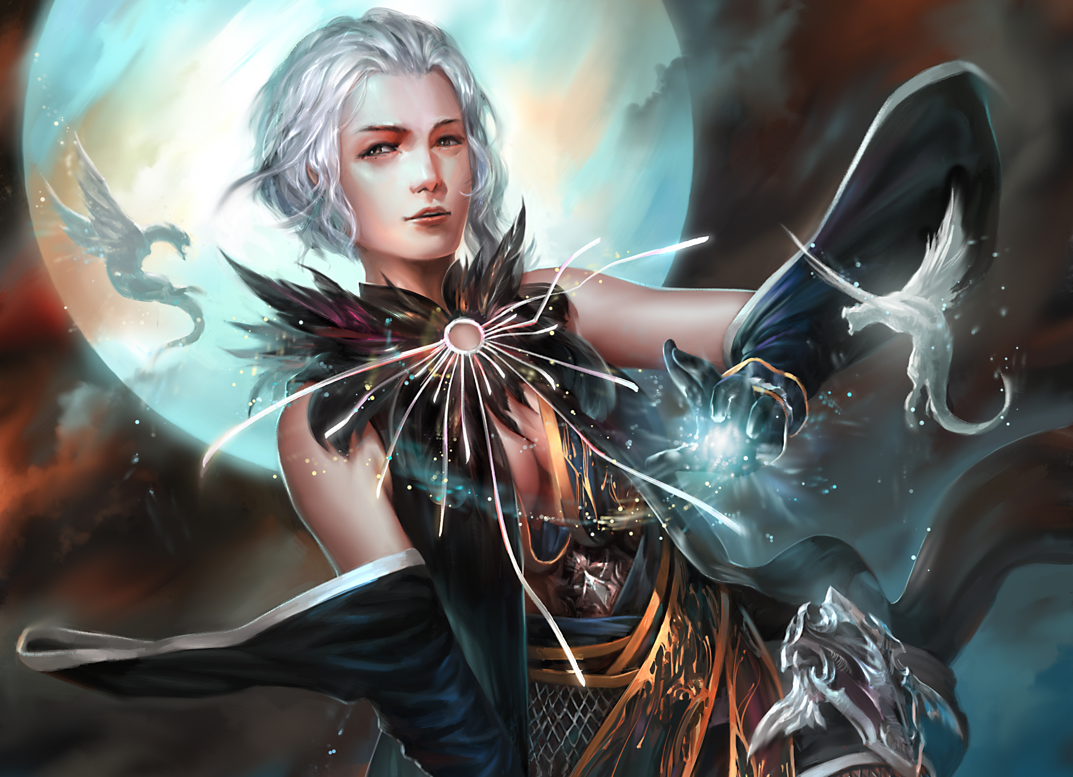 Free download wallpaper Magic, Fantasy, Moon, Witch, Short Hair, White Hair on your PC desktop