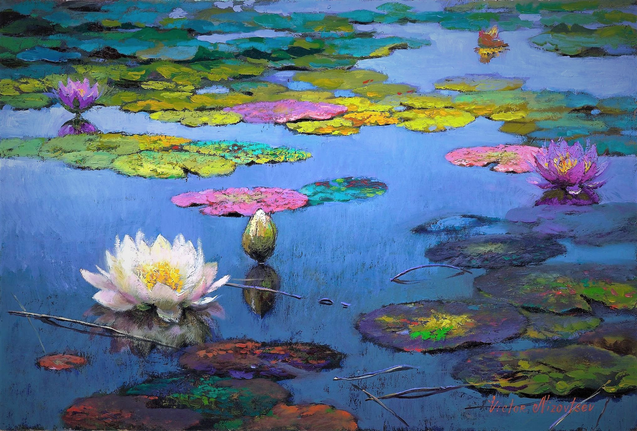 Download mobile wallpaper Colors, Colorful, Painting, Pond, Artistic, Water Lily, Lily Pad for free.