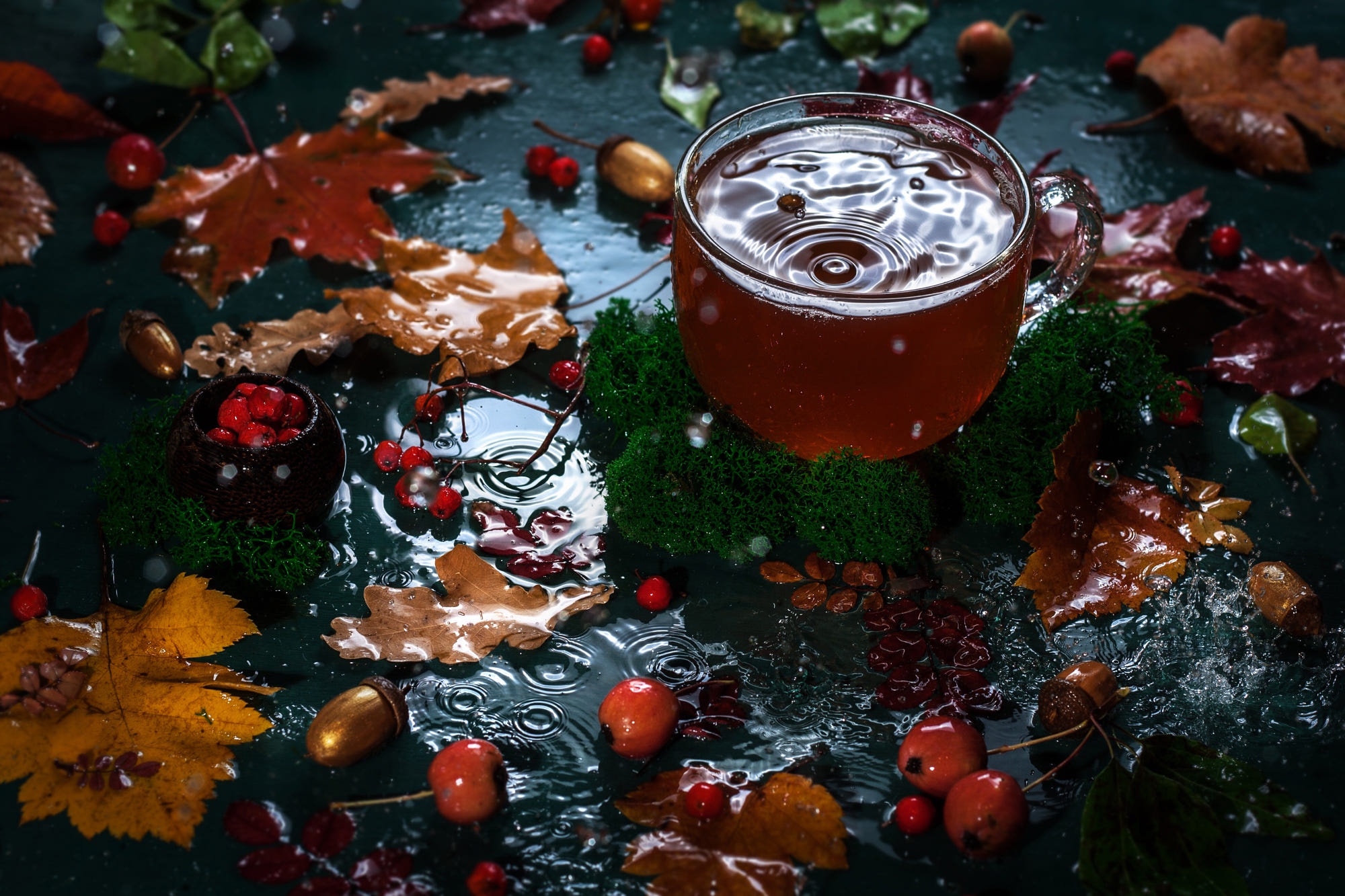 Download mobile wallpaper Water, Food, Cup, Leaf, Fall, Drink, Tea for free.