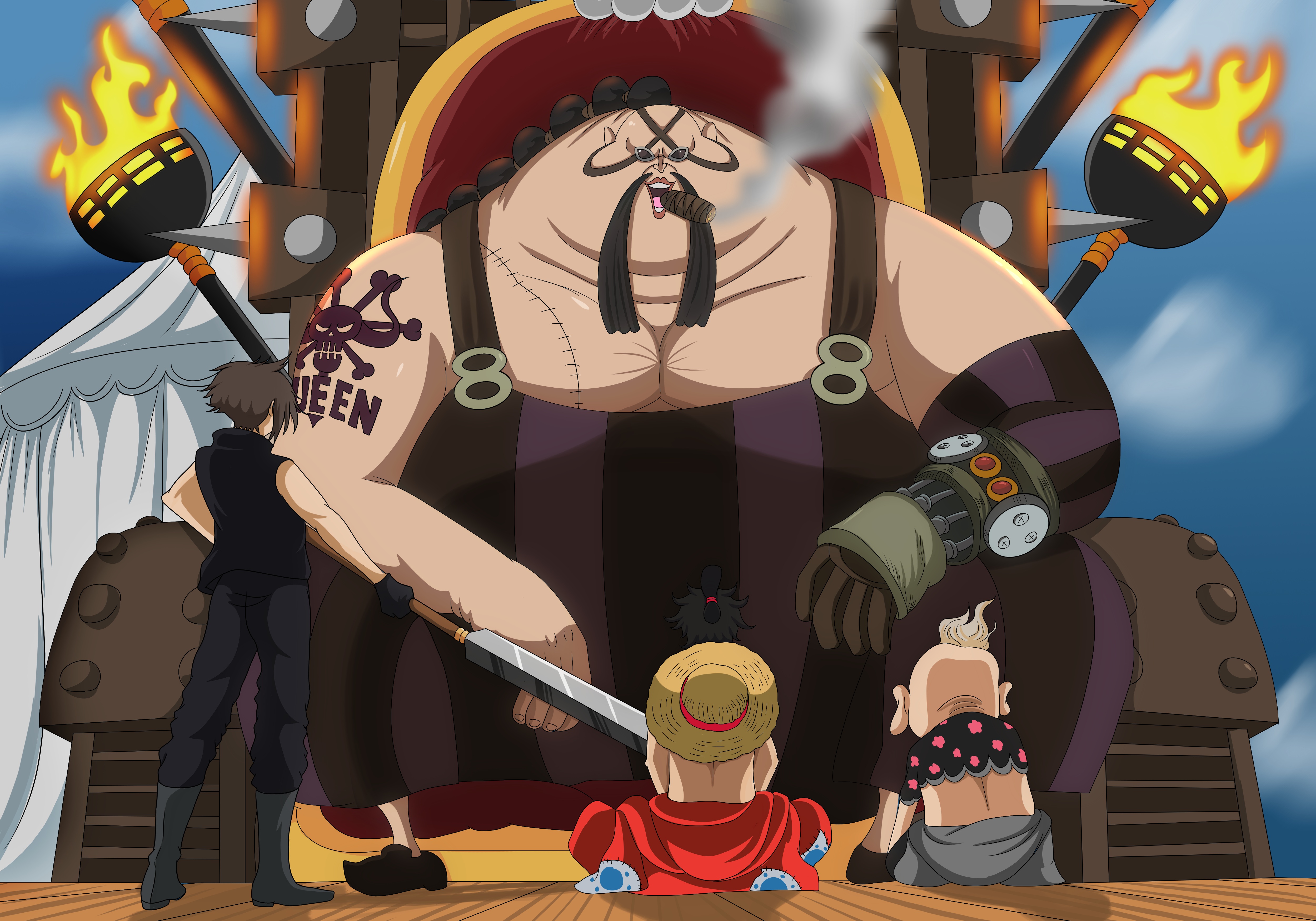 anime, one piece, hyogoro (one piece), monkey d luffy, queen the plague