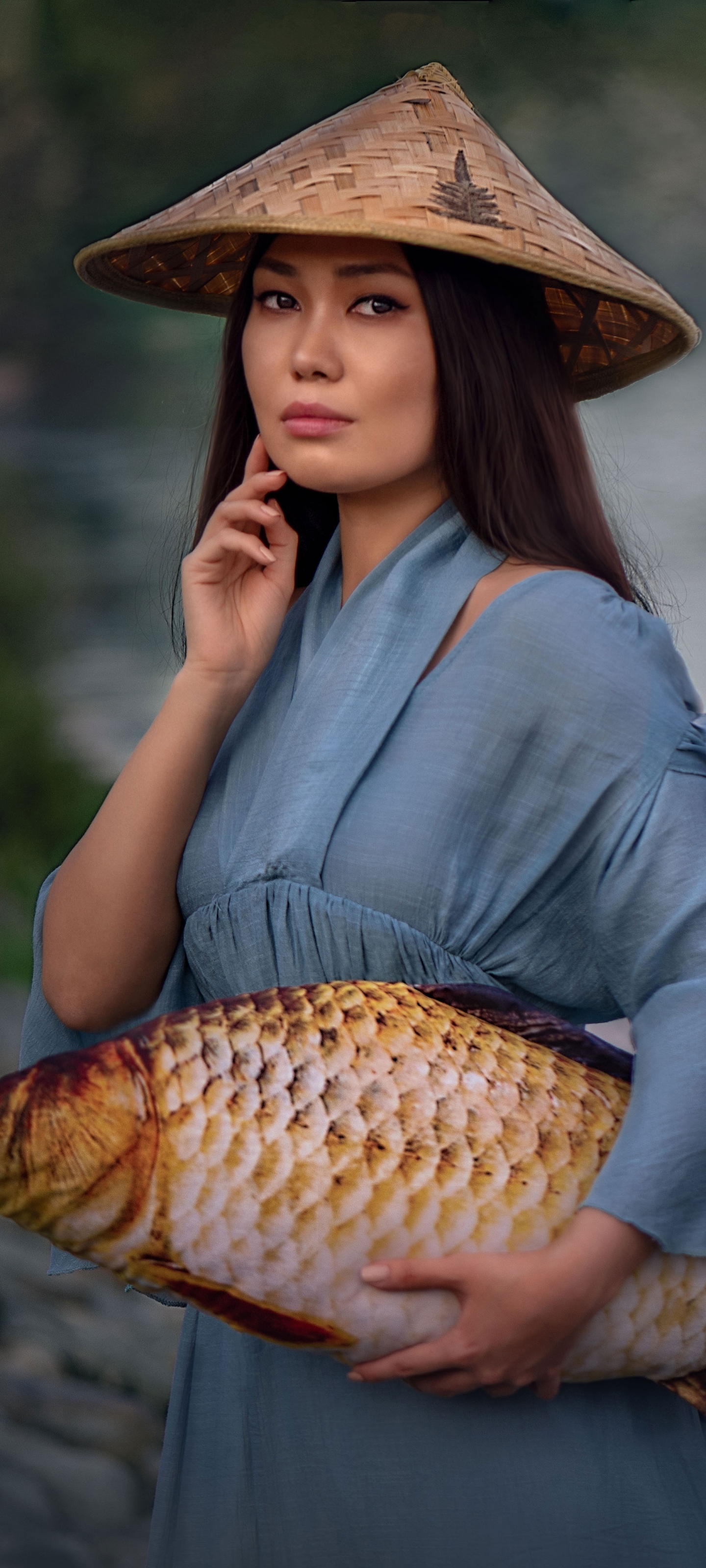 Download mobile wallpaper Fish, Model, Women, Asian, Asian Conical Hat for free.
