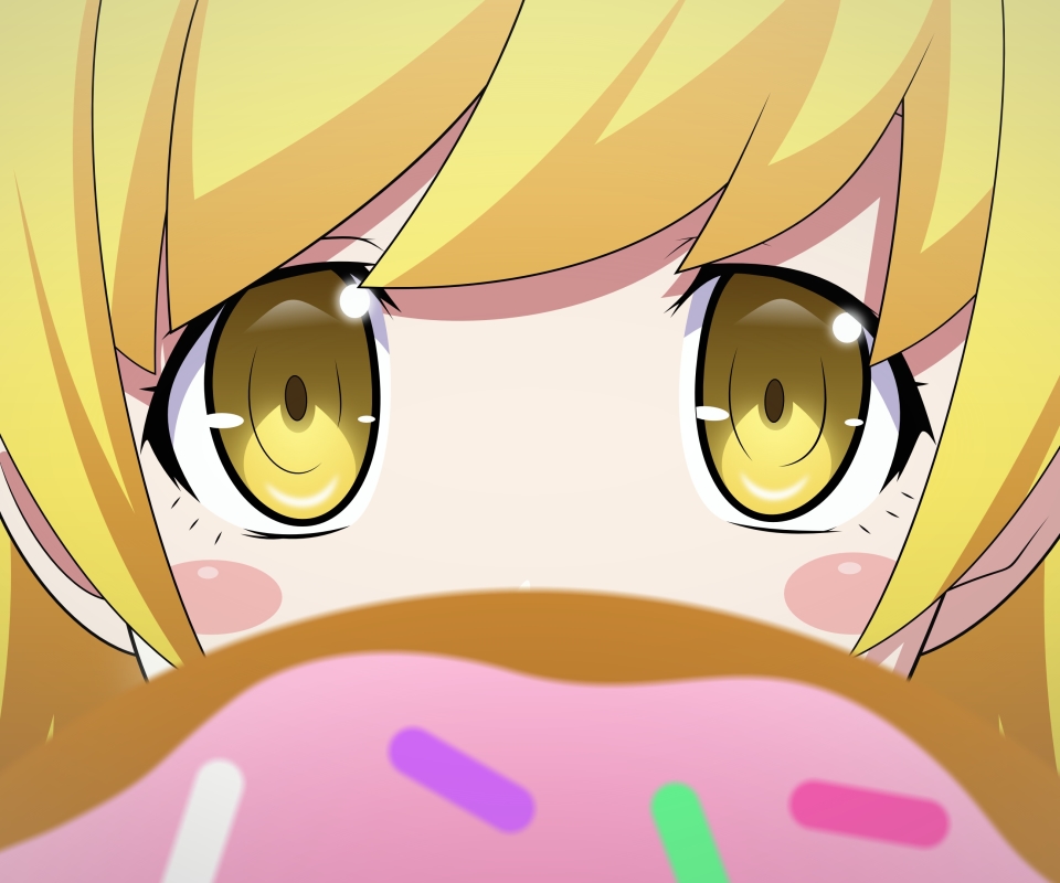 Free download wallpaper Anime, Blonde, Doughnut, Yellow Eyes, Blush, Monogatari (Series), Bakemonogatari, Shinobu Oshino on your PC desktop