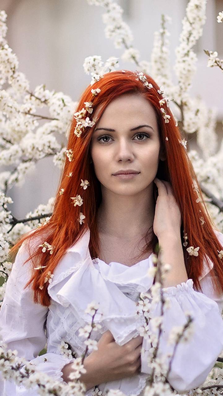 Download mobile wallpaper Tree, Redhead, Photography, Women, Blossom for free.