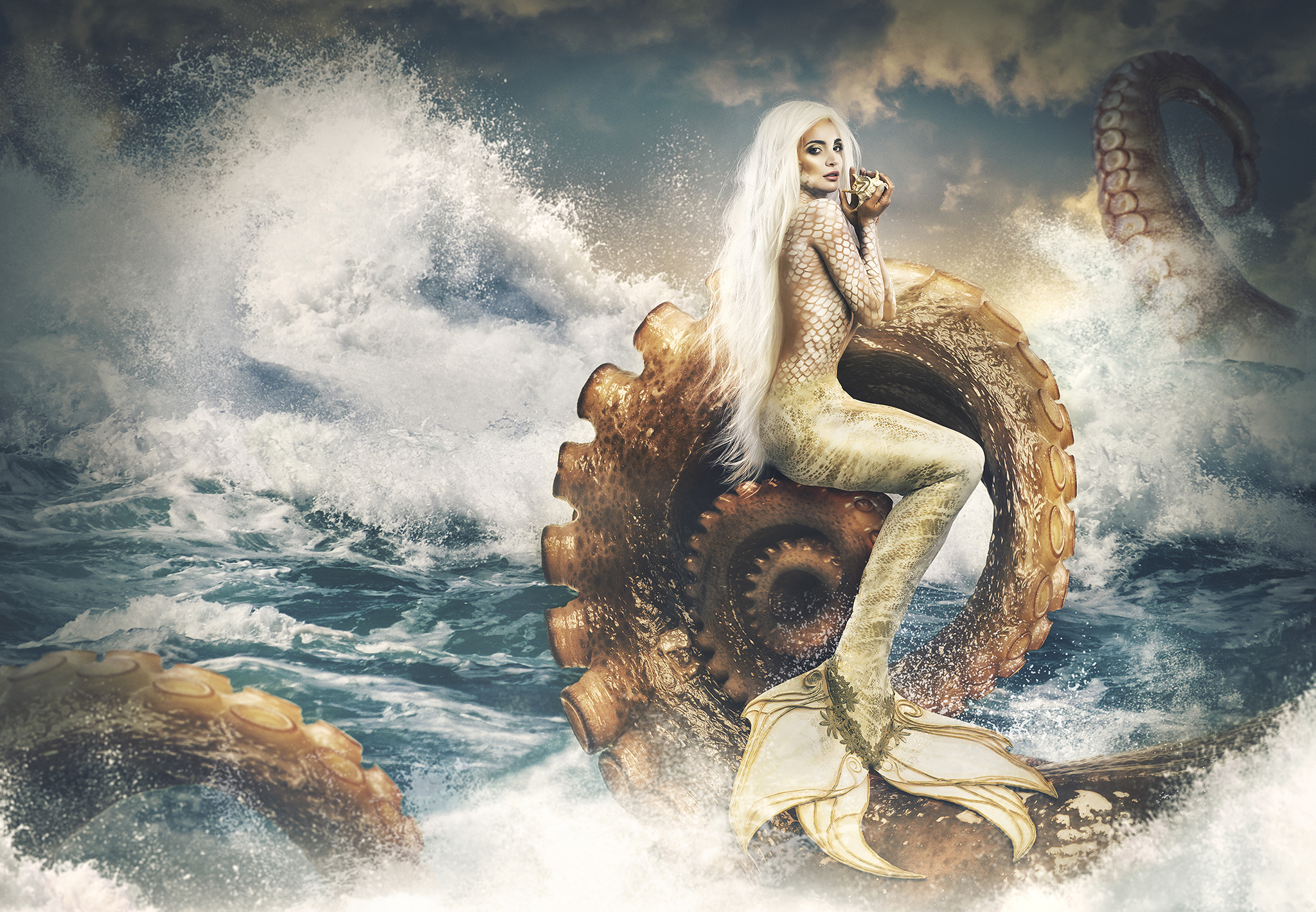 Download mobile wallpaper Fantasy, Octopus, Model, Mermaid, Manipulation, White Hair for free.