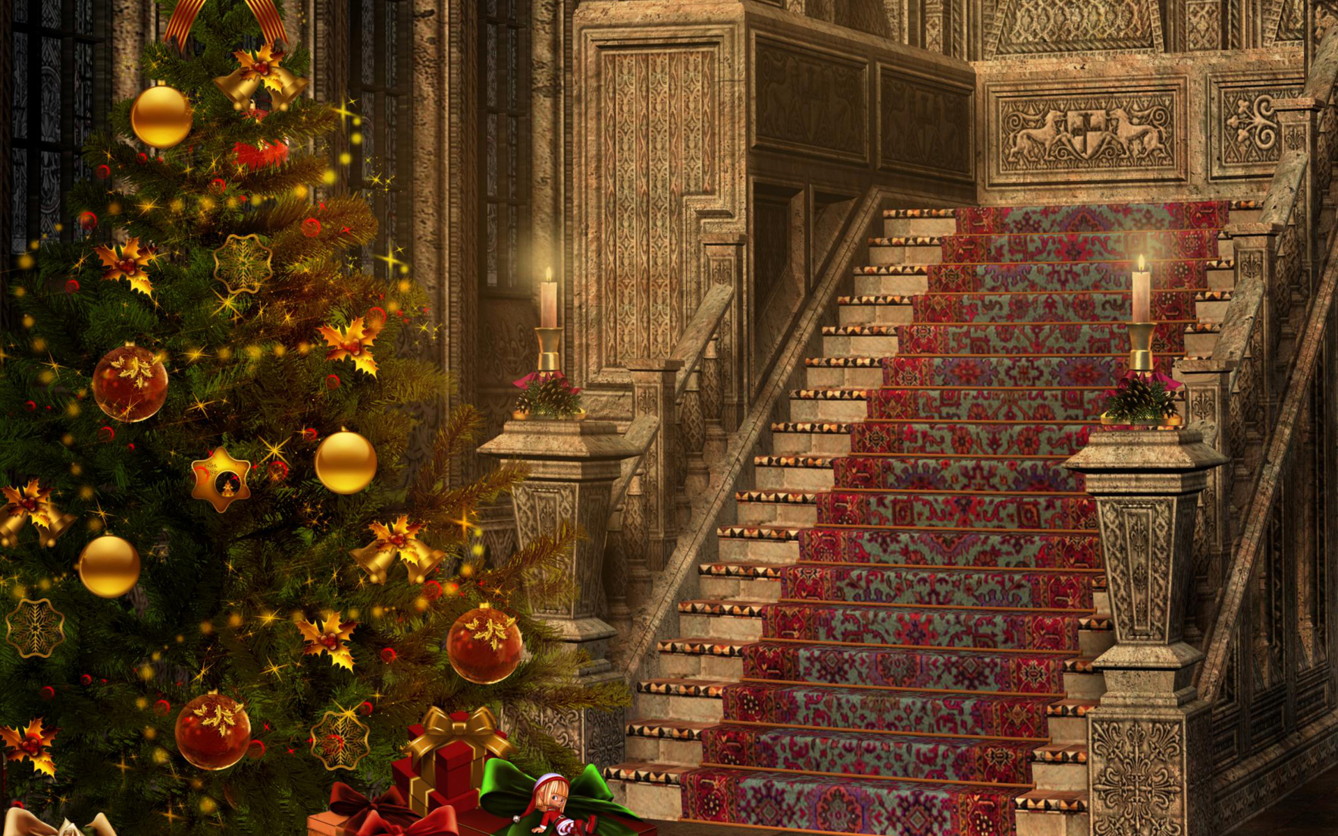 Download mobile wallpaper Christmas, Holiday, Stairs, Christmas Tree for free.