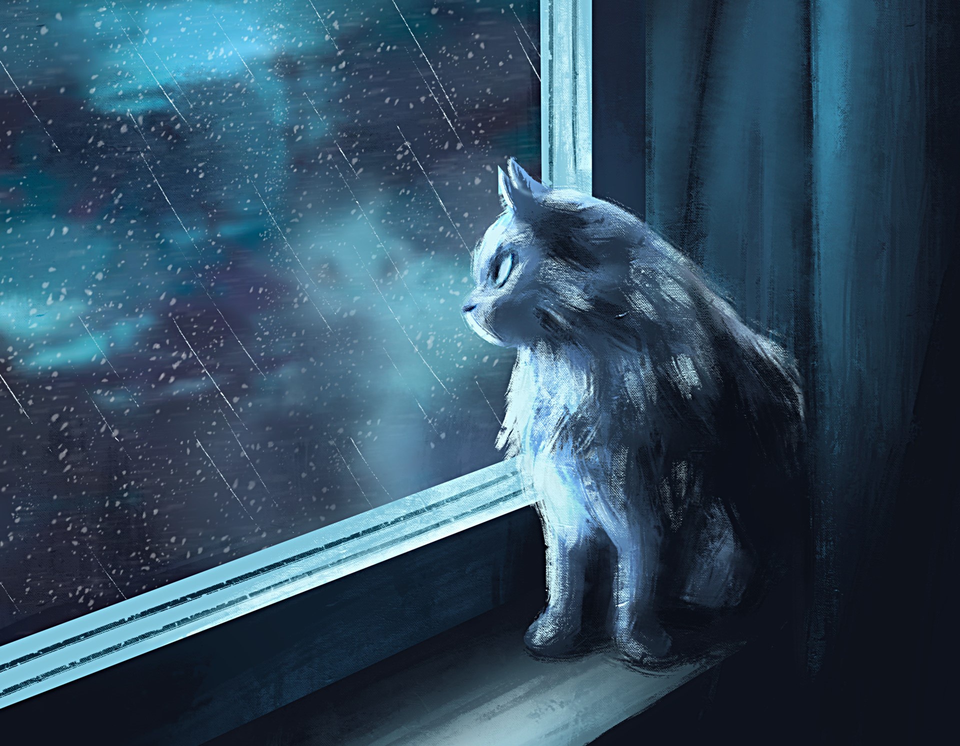 Laden Sie das Fantasie, Regen, Katze, Fenster, Fantasietiere-Bild kostenlos auf Ihren PC-Desktop herunter