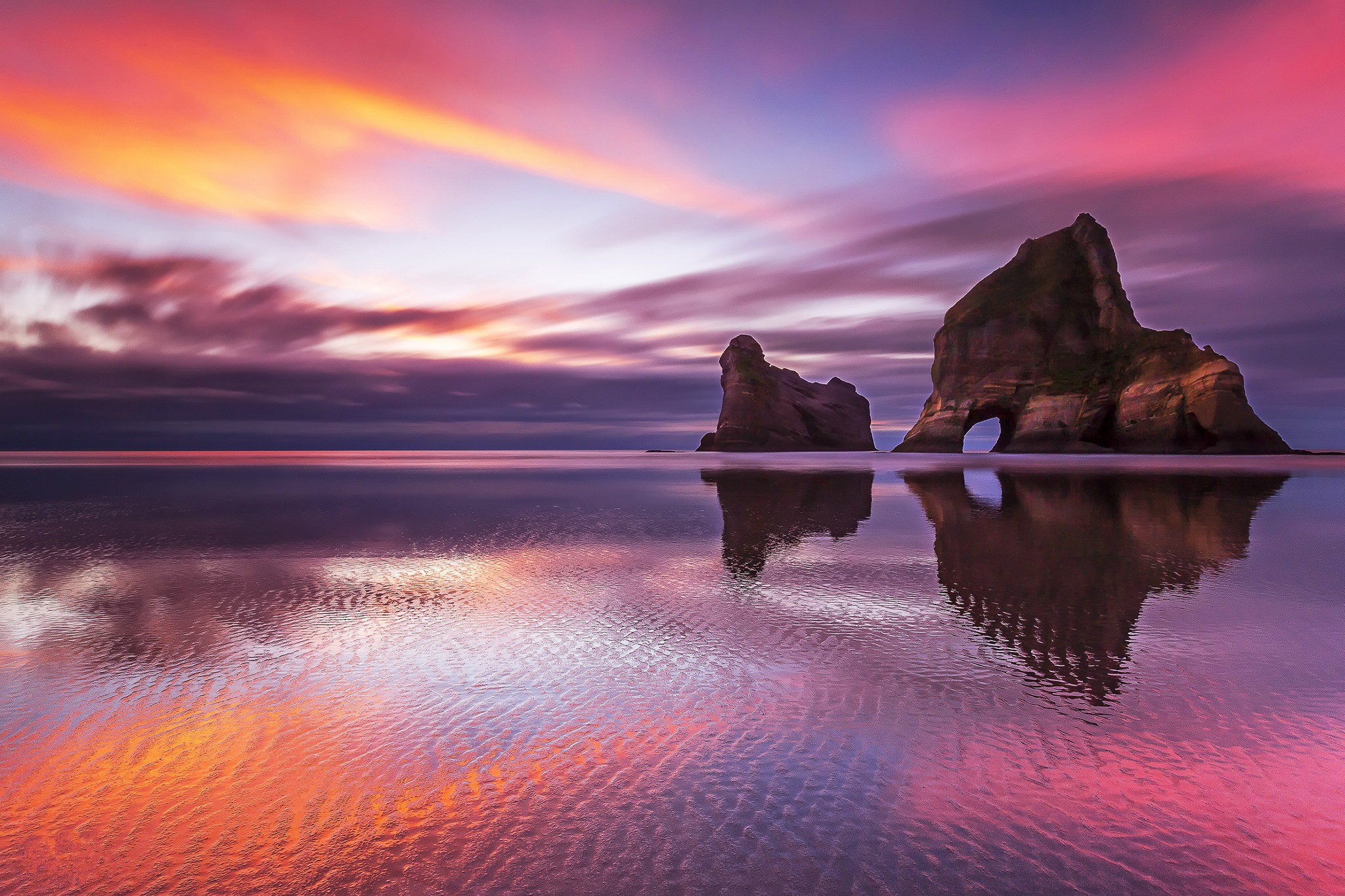 Free download wallpaper Sunset, Sky, Sea, Beach, Horizon, Reflection, New Zealand, Ocean, Earth on your PC desktop