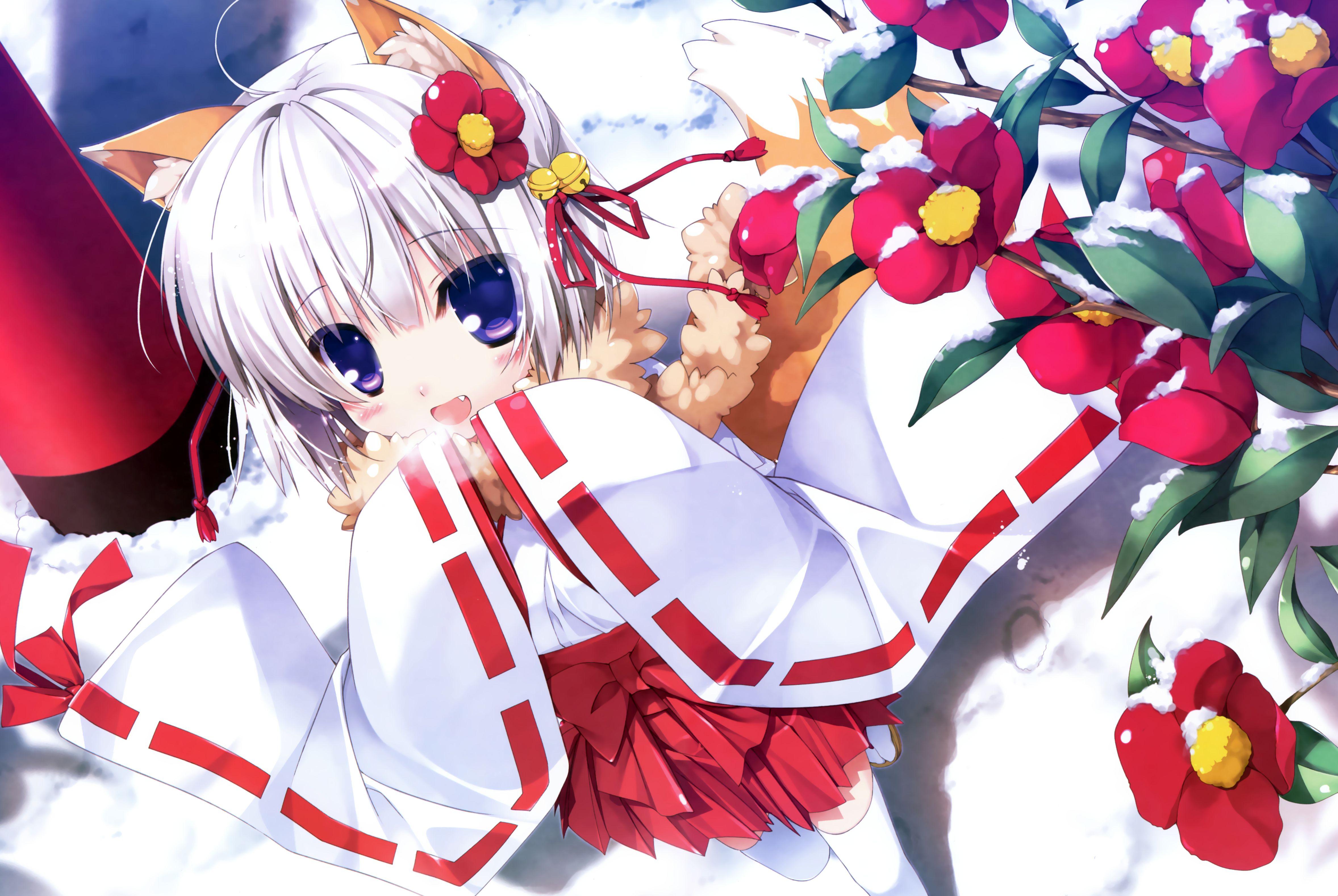 Download mobile wallpaper Anime, Snow, Flower, Smile, Tail, Bell, Ribbon, Blue Eyes, Original, Short Hair, White Hair, Miko Outfit for free.