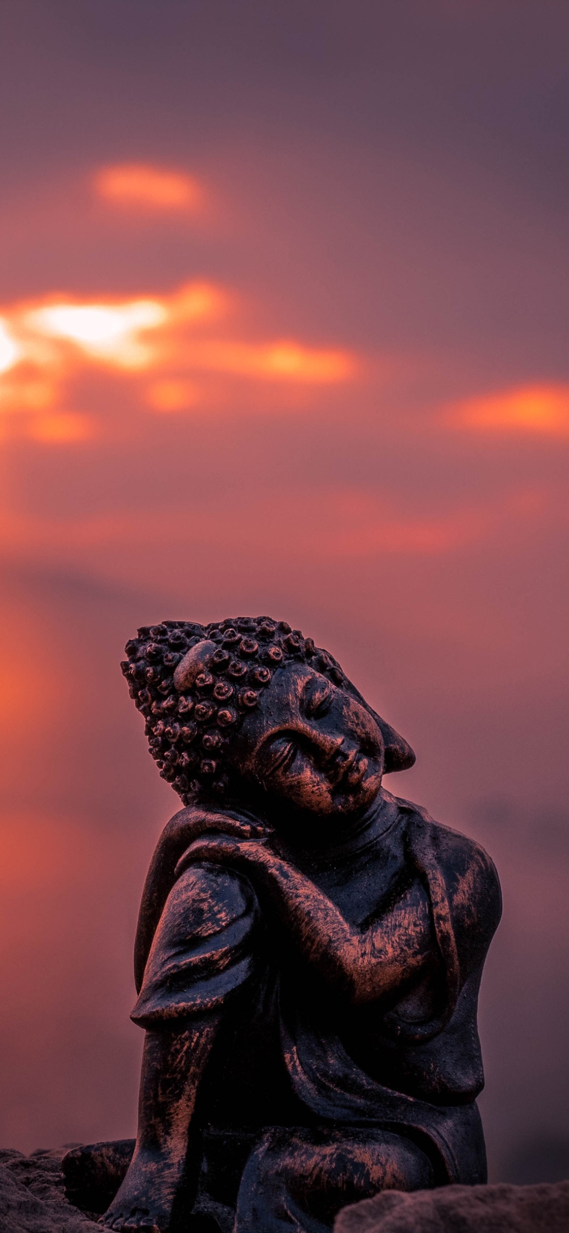 Download mobile wallpaper Sunset, Buddha, Statue, Religious, Depth Of Field for free.