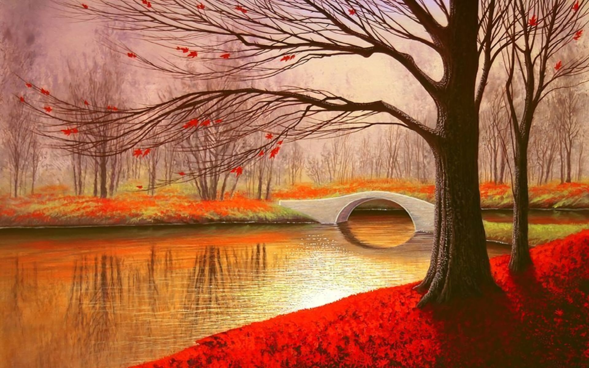 Download mobile wallpaper Tree, Fall, Bridge, Painting, Artistic, River for free.