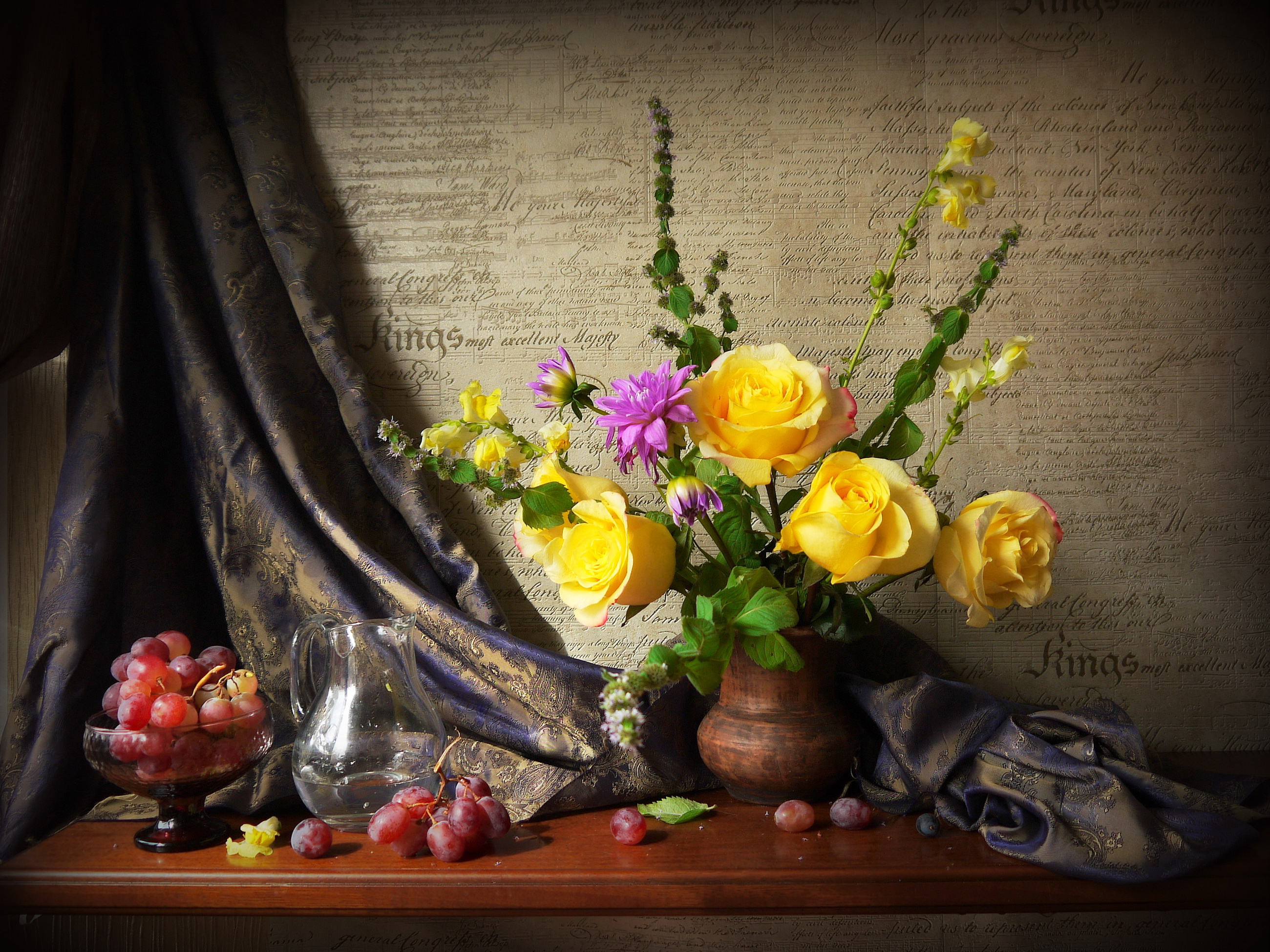 Download mobile wallpaper Grapes, Still Life, Rose, Photography, Yellow Flower for free.