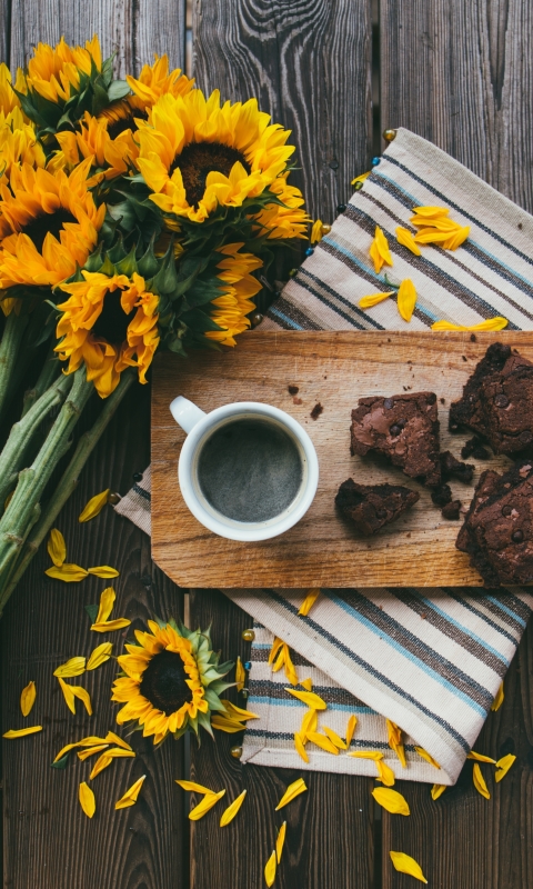 Download mobile wallpaper Food, Coffee, Still Life, Cup, Sunflower, Yellow Flower, Brownie for free.