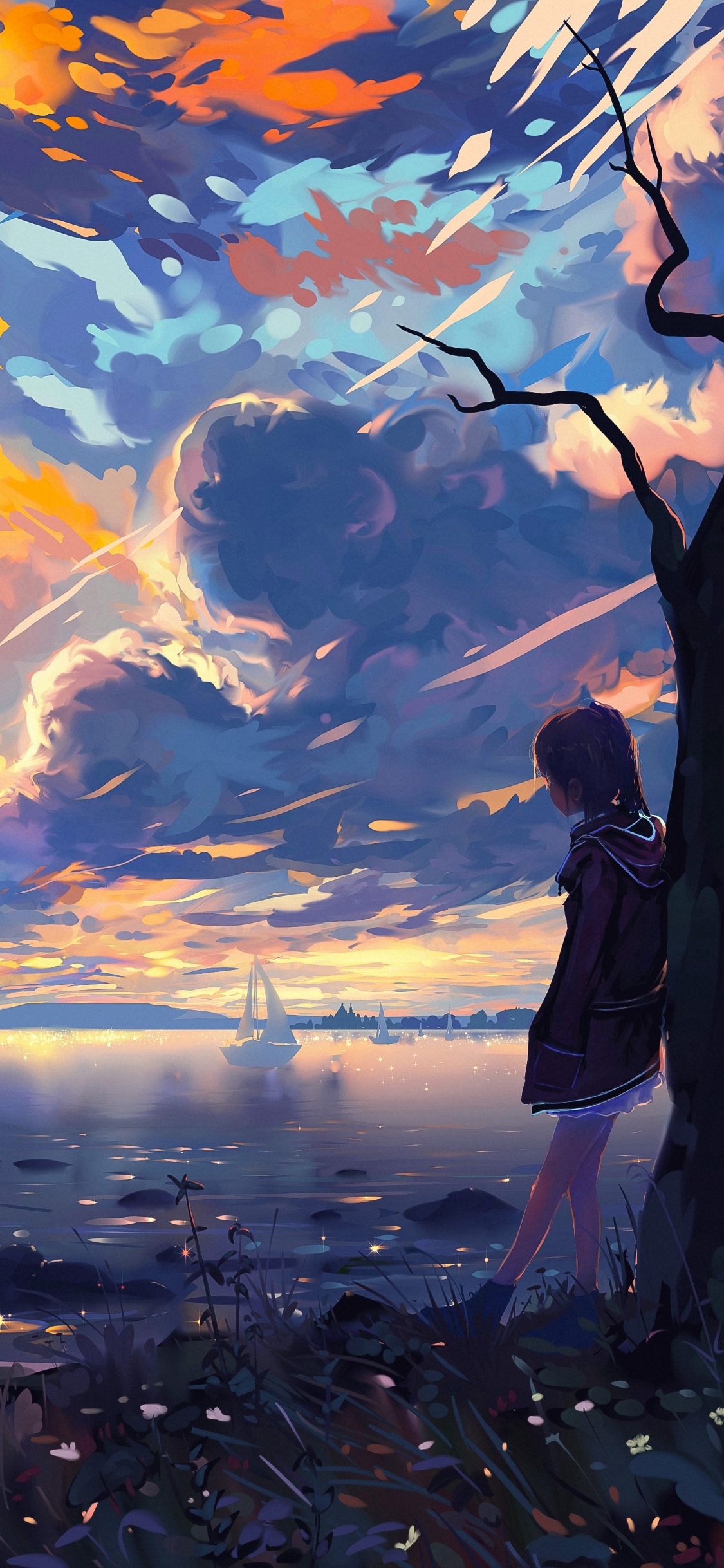 Download mobile wallpaper Anime, Horizon, Boat, Cloud, Original for free.