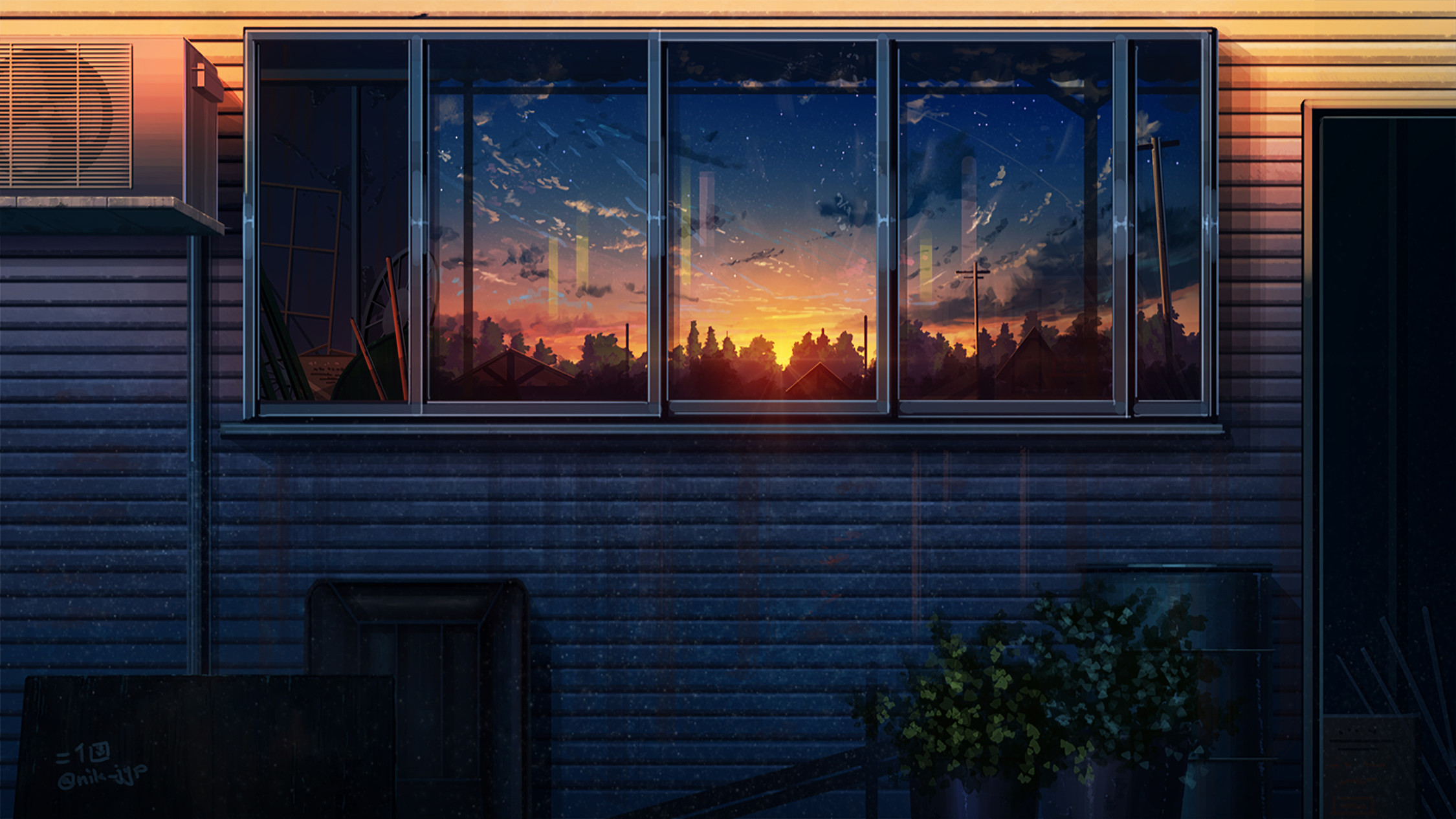 Laden Sie das Haus, Wolke, Original, Himmel, Sonnenuntergang, Animes, Spiegelung-Bild kostenlos auf Ihren PC-Desktop herunter