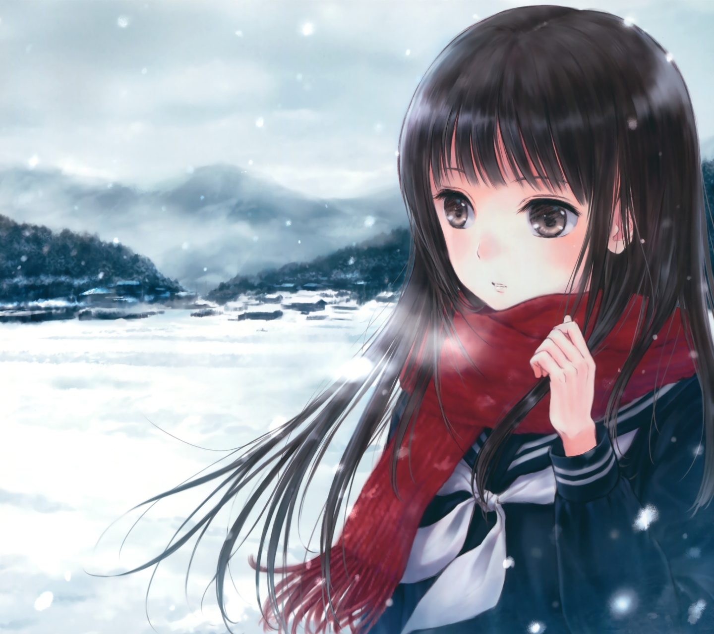 Download mobile wallpaper Anime, Snow, Mountain, Snowfall, Scarf, Original, Blush, School Uniform, Black Hair, Long Hair, Bow (Clothing), Black Eyes for free.
