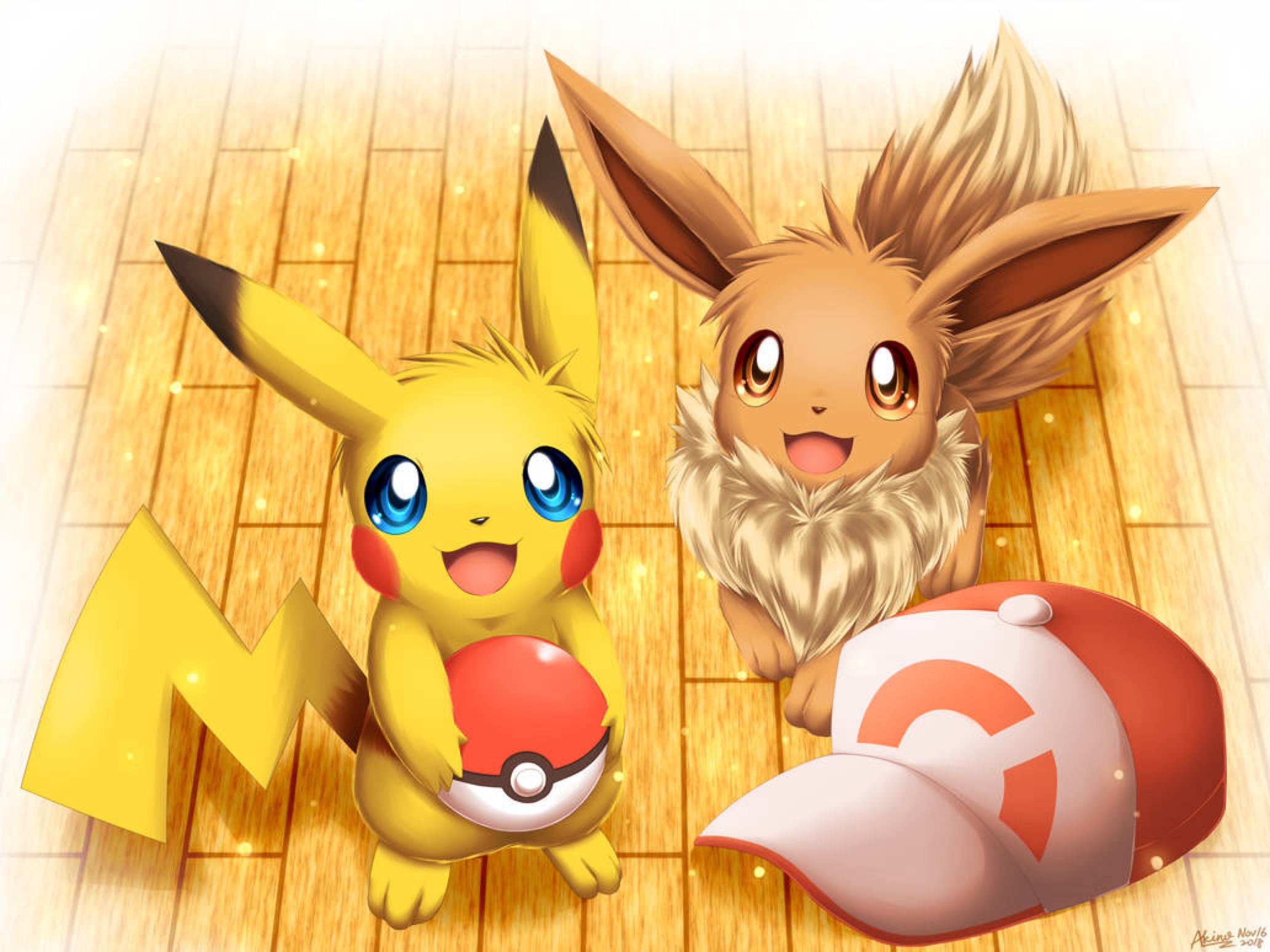 Download mobile wallpaper Anime, Cap, Pokémon, Cute, Blue Eyes, Pikachu, Brown Eyes, Pokeball, Eevee (Pokémon) for free.