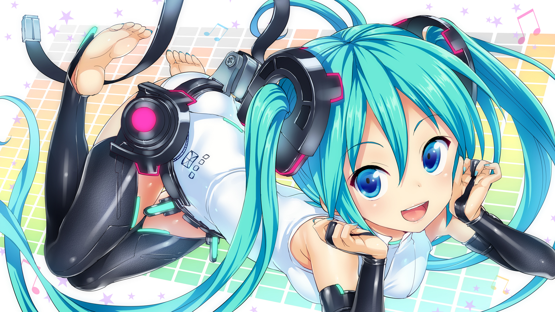 Free download wallpaper Anime, Smile, Vocaloid, Blue Eyes, Blush, Blue Hair, Hatsune Miku, Thigh Highs, Twintails, Barefoot on your PC desktop