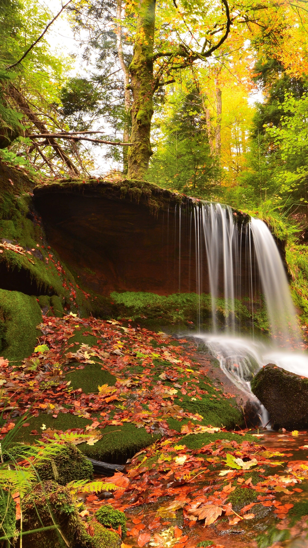 Download mobile wallpaper Nature, Waterfalls, Waterfall, Fall, Earth, Moss, Stream for free.