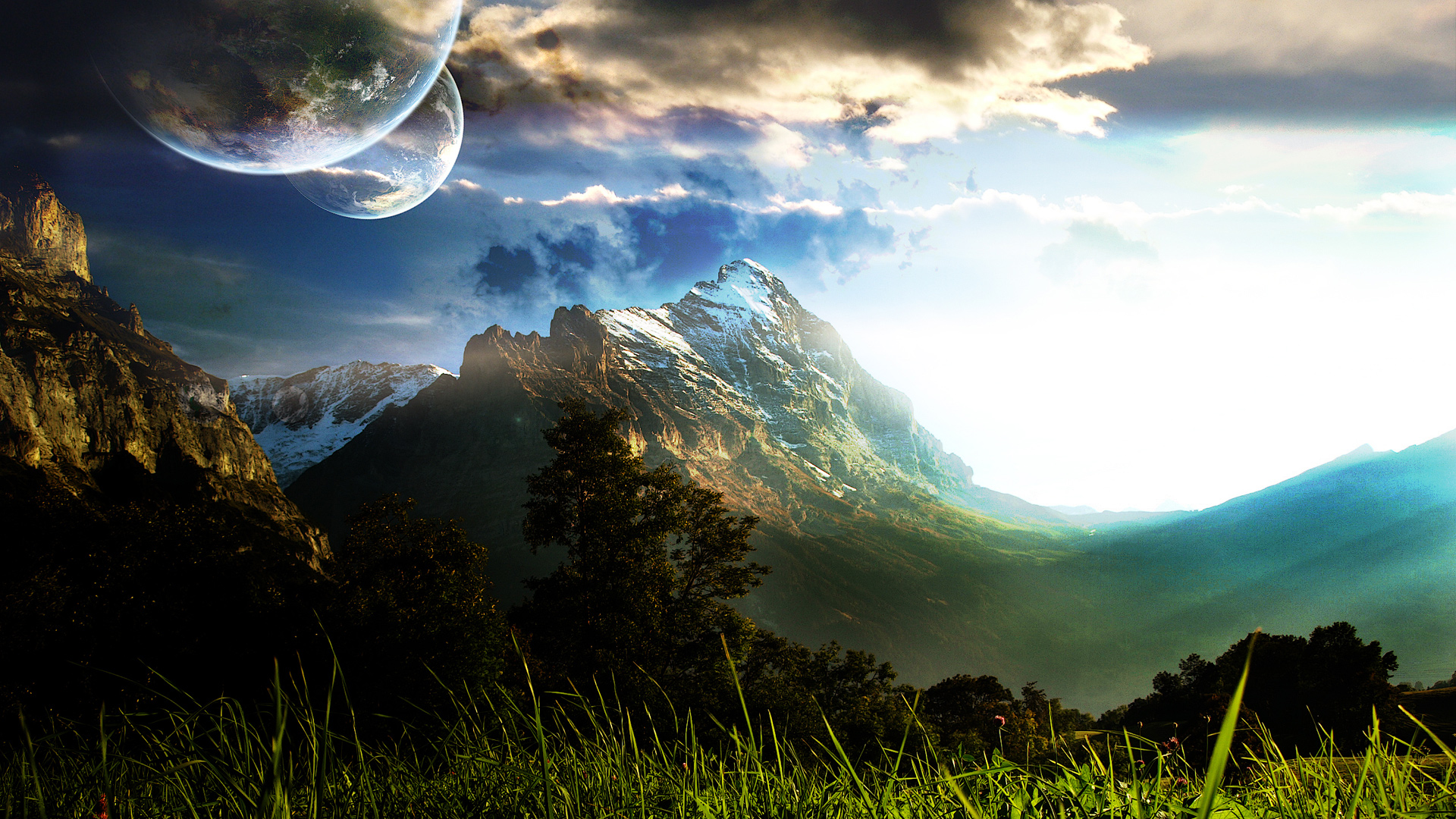 mountain, landscape, grass, sun, planet, sci fi