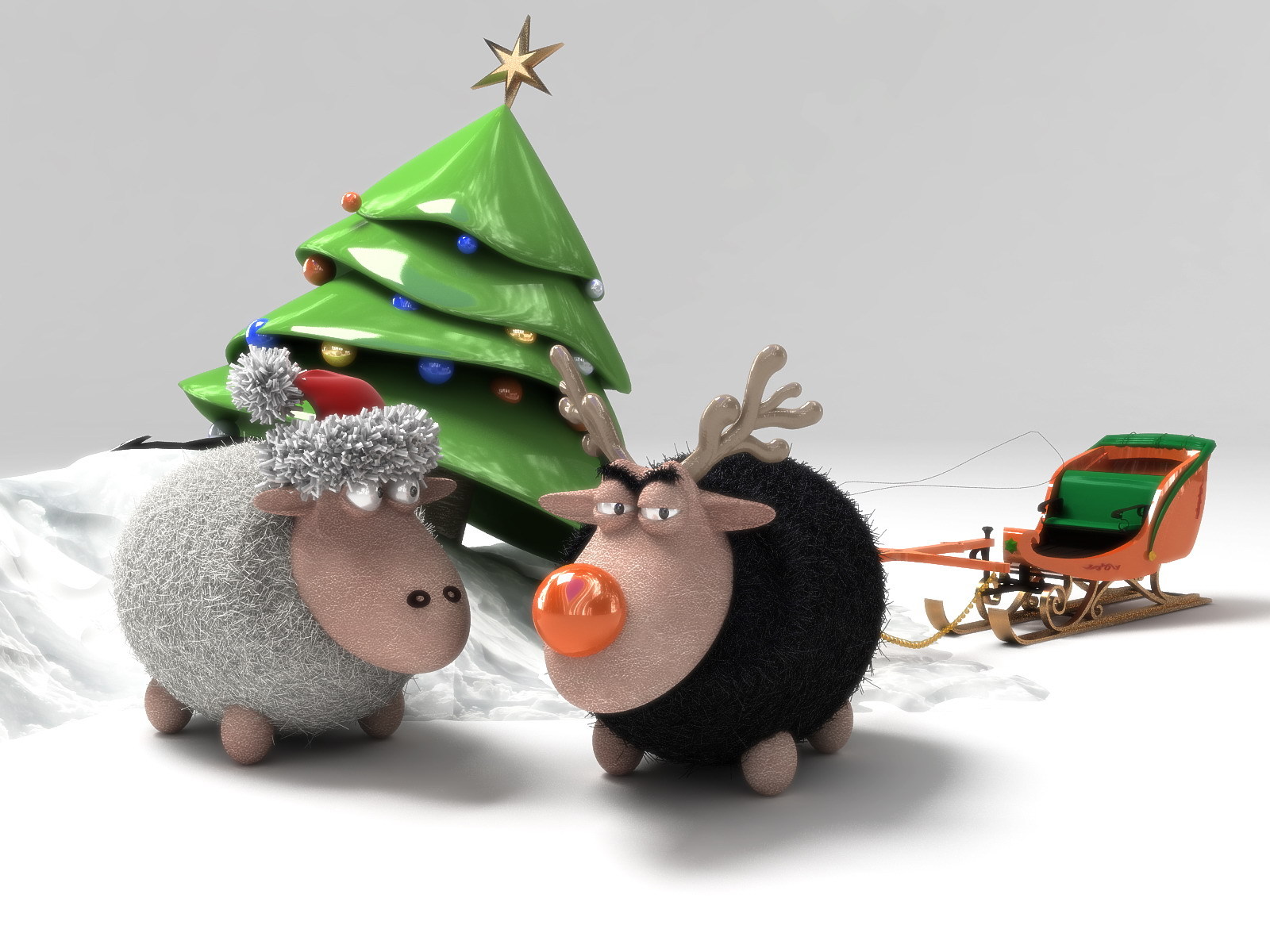 3d, holiday, christmas, christmas tree, sheep, sleigh