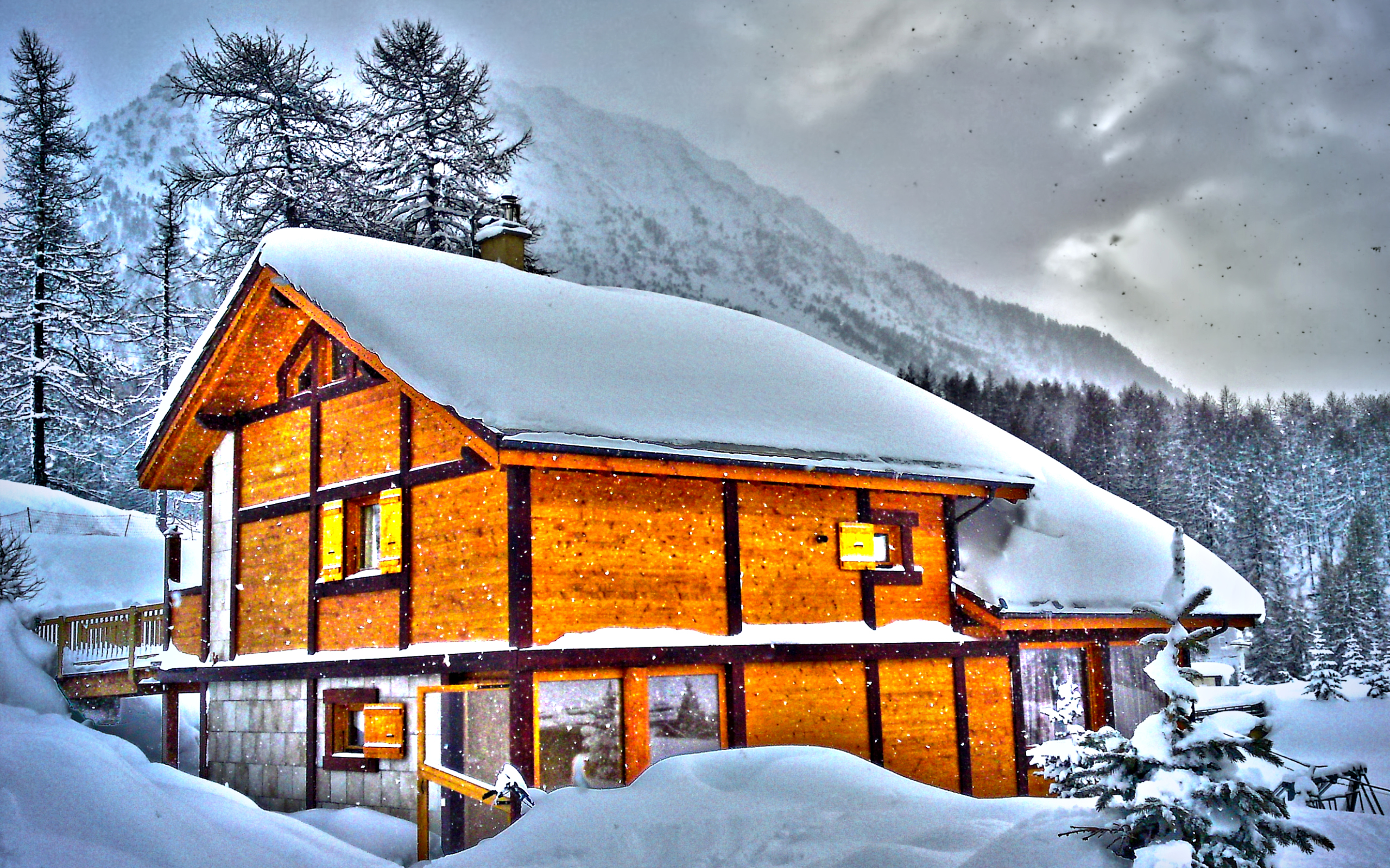 man made, house, lodge, snow, winter