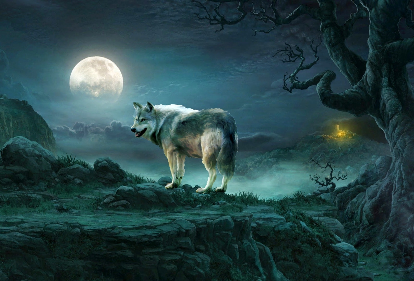 Download mobile wallpaper Fantasy, Night, Moon, Tree, Wolf, Fantasy Animals for free.