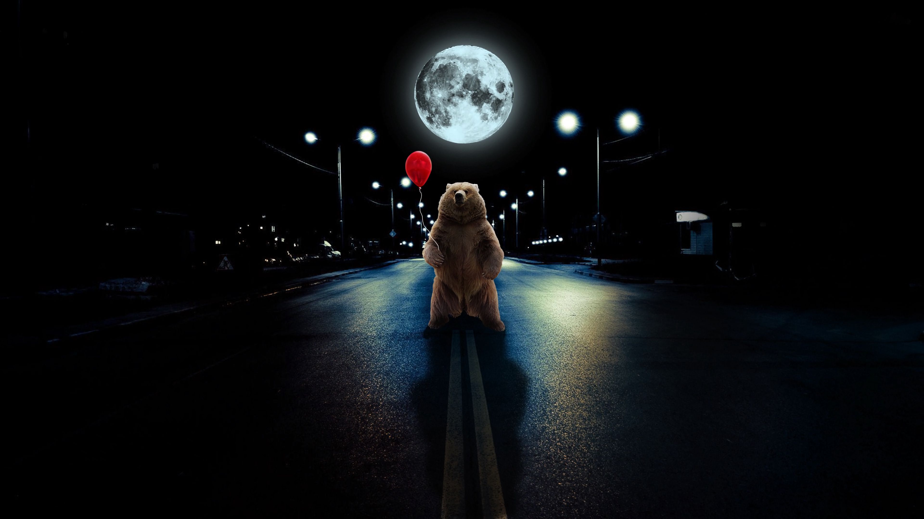 road, art, bear, balloon, photoshop, full moon