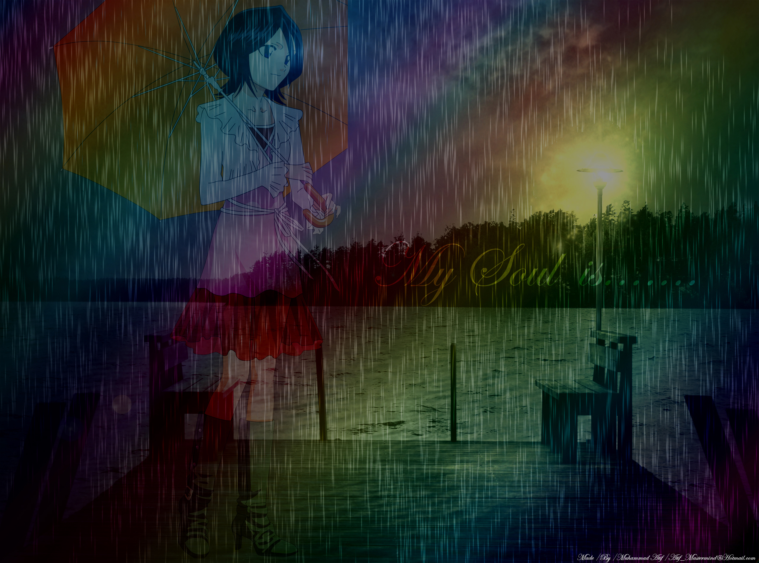 Download mobile wallpaper Rukia Kuchiki, Rainbow, Bleach, Rain, Anime for free.