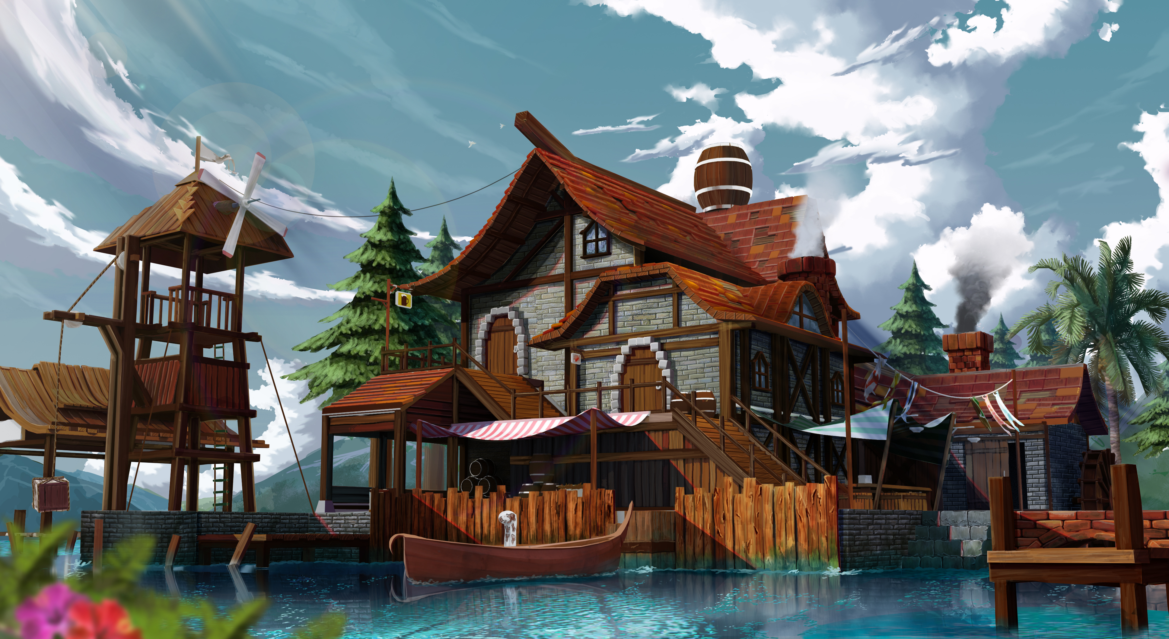 Free download wallpaper Anime, Sky, Building, Lake, House, Boat, Tower on your PC desktop