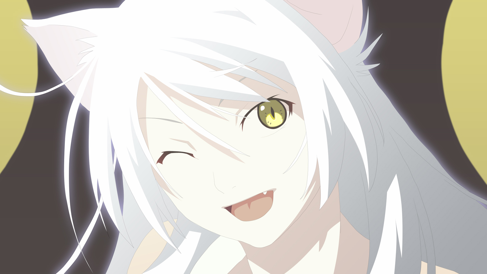 anime, monogatari (series), black hanekawa, face, tsubasa hanekawa, white hair, wink, yellow eyes