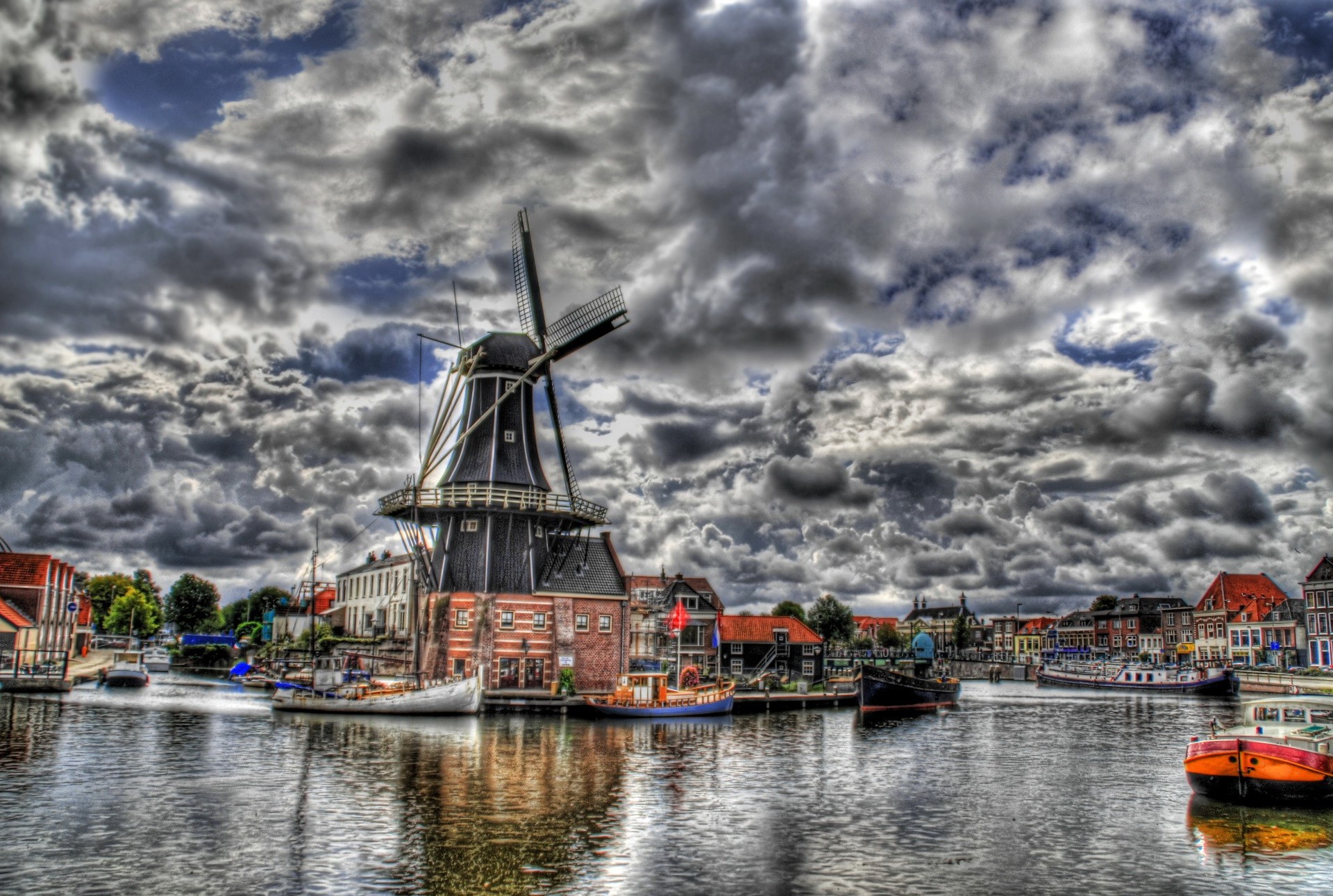 1490112 скачать обои мельница, нидерланды, сделано человеком, амстердам, канал, облако, hdr - заставки и картинки бесплатно