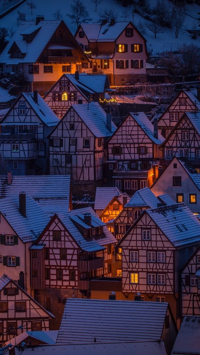 Download mobile wallpaper Night, Snow, Village, Man Made for free.