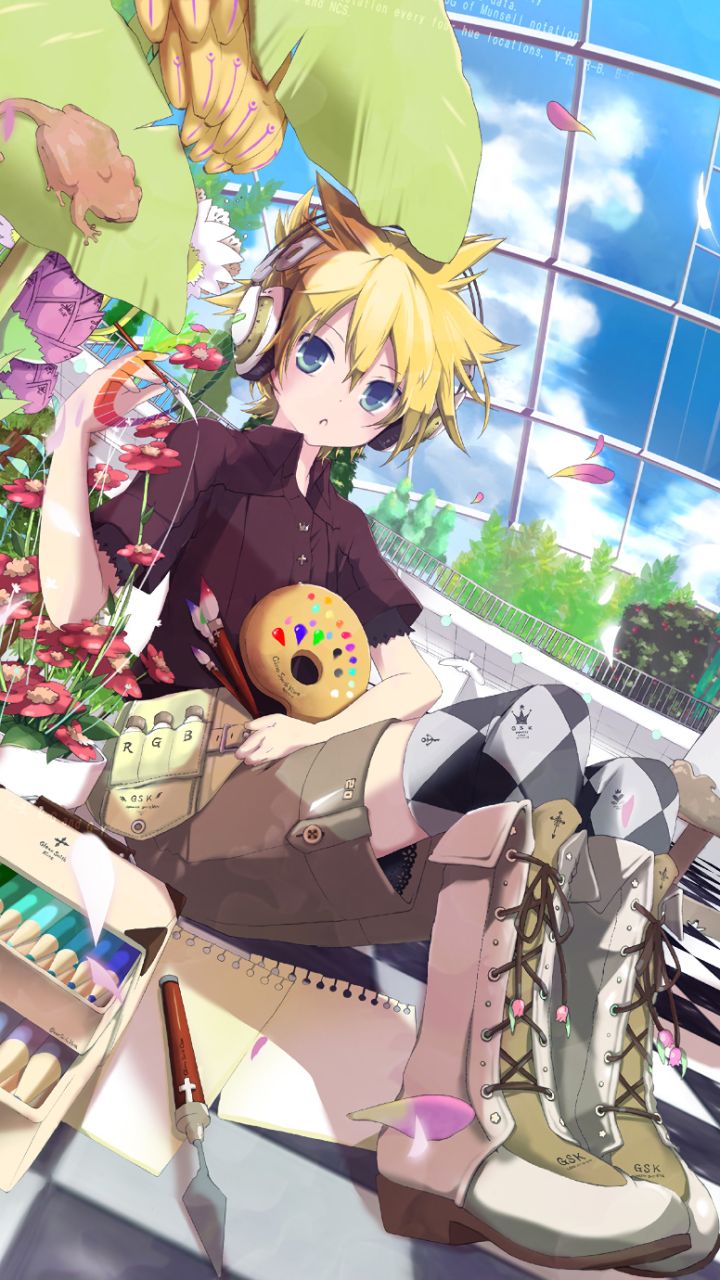 Download mobile wallpaper Anime, Sky, Garden, Painting, Cloud, Vocaloid, Rin Kagamine, Len Kagamine for free.