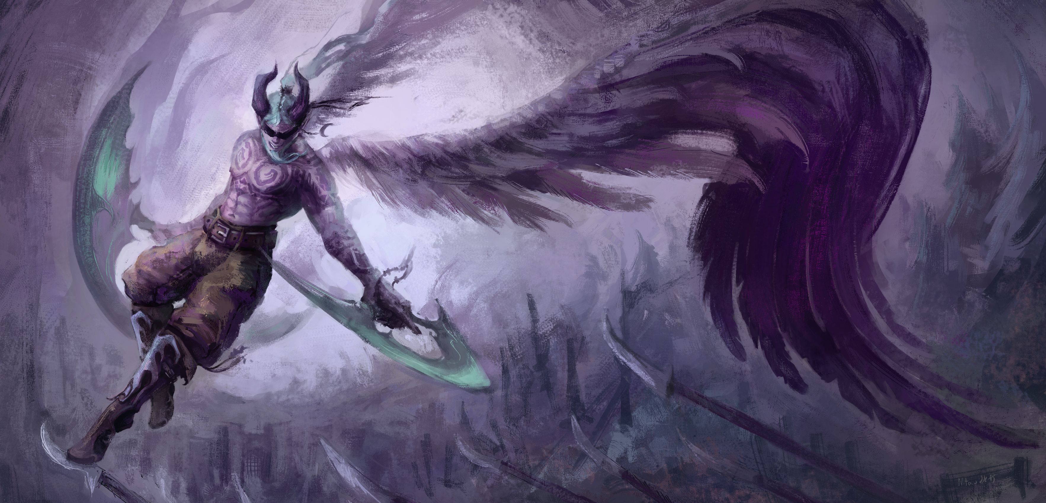 Free download wallpaper Fantasy, Wings, Warrior, Horns, Demon on your PC desktop