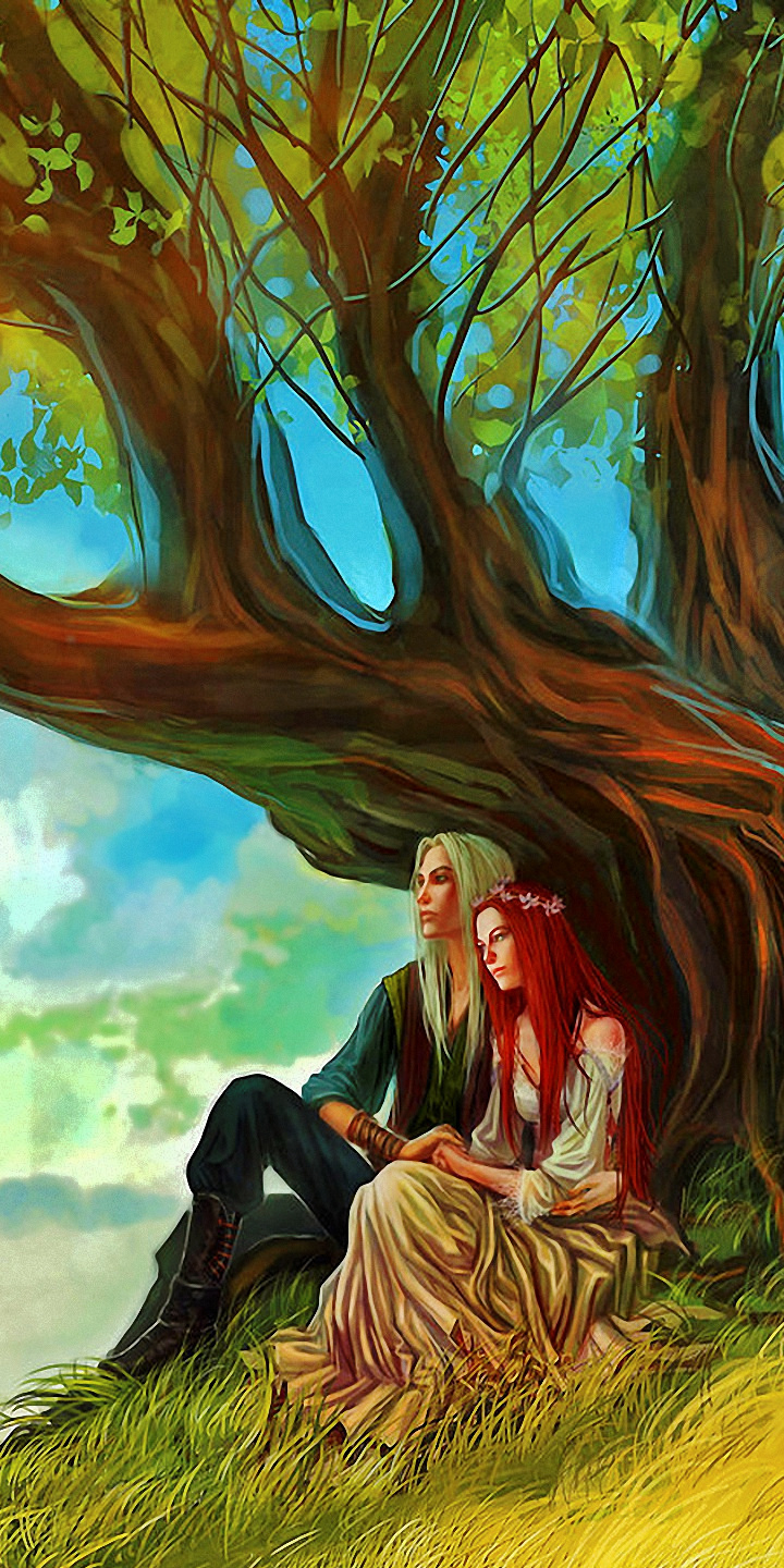 Download mobile wallpaper Fantasy, Love, Couple, Tree, Elf for free.