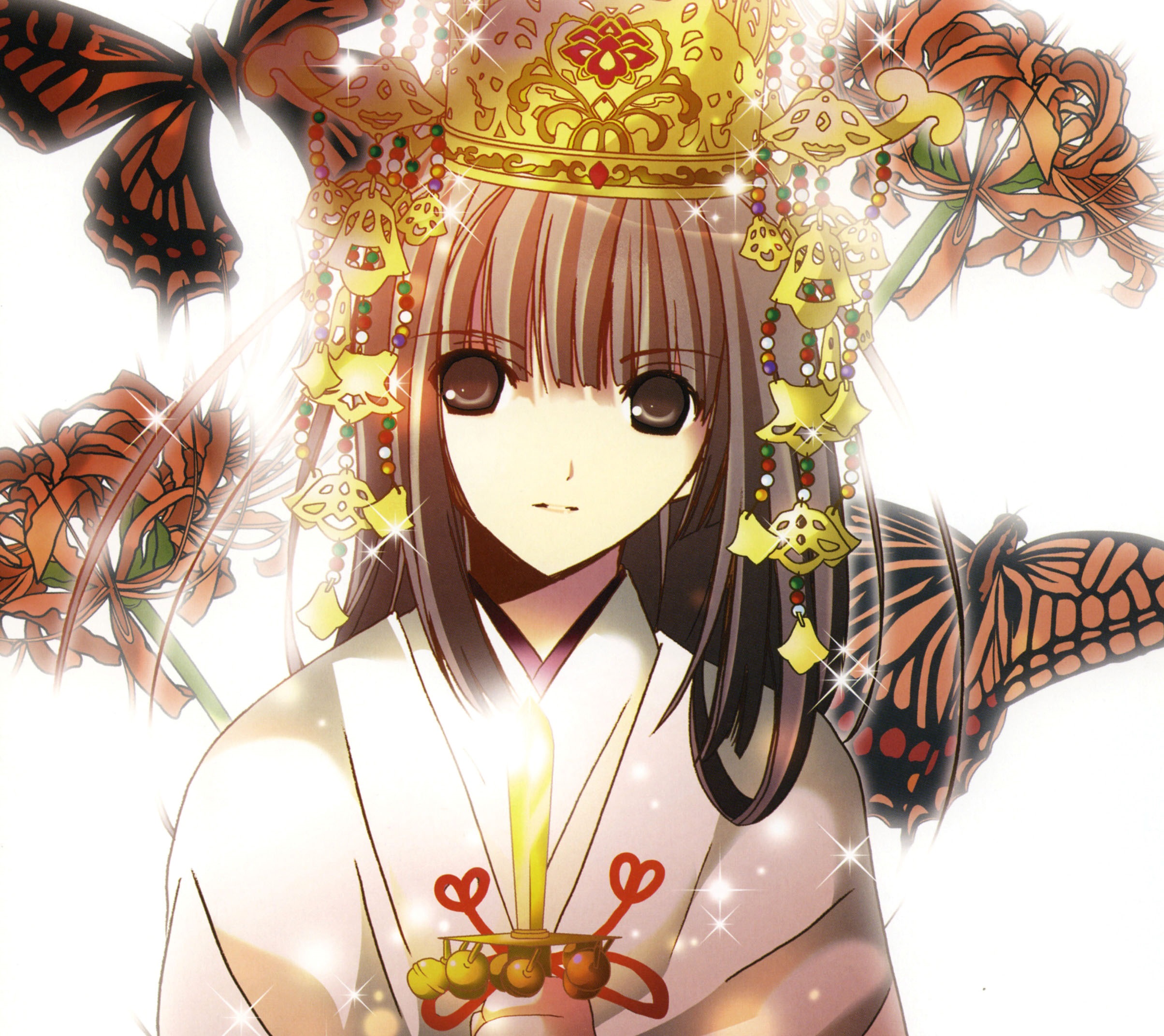 Free download wallpaper Anime, Crown, Butterfly, Original, Dagger, Brown Eyes, Long Hair, Brown Hair on your PC desktop