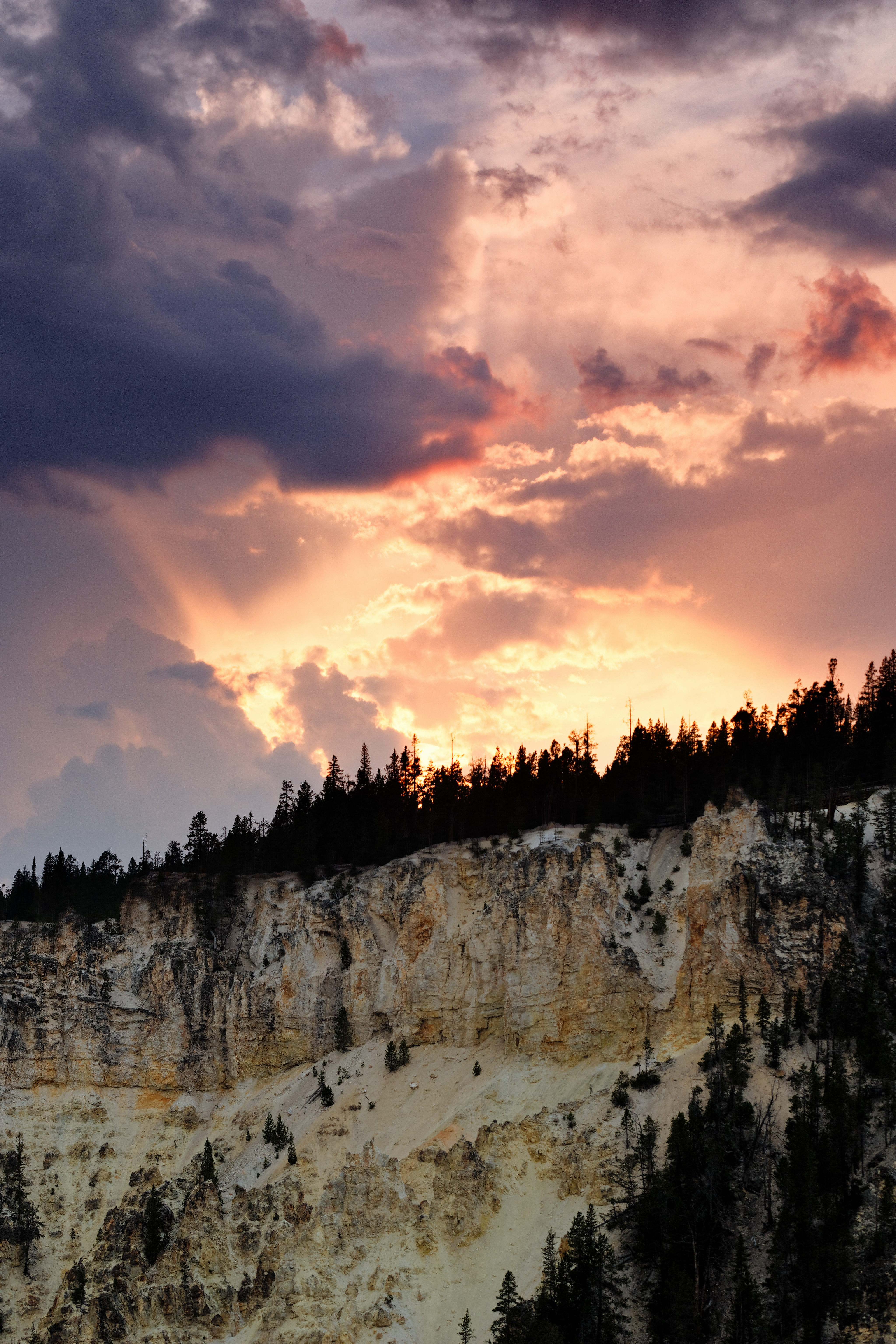 rocks, trees, nature, sunset, clouds, slope