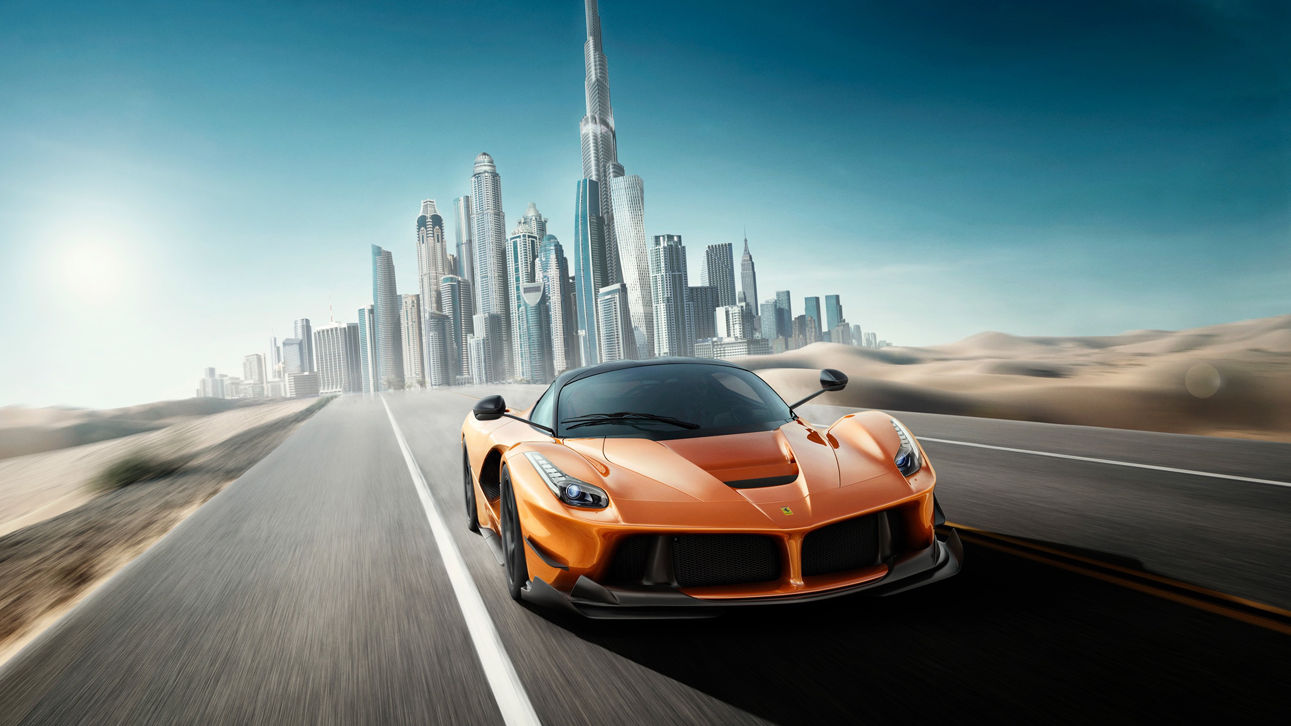 Download mobile wallpaper Ferrari, City, Car, Dubai, Supercar, Ferrari Laferrari, Vehicles, Orange Car for free.
