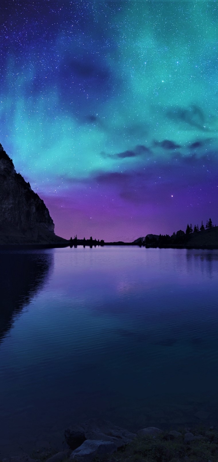 Download mobile wallpaper Stars, Night, Lake, Light, Silhouette, Starry Sky, Earth, Aurora Borealis for free.