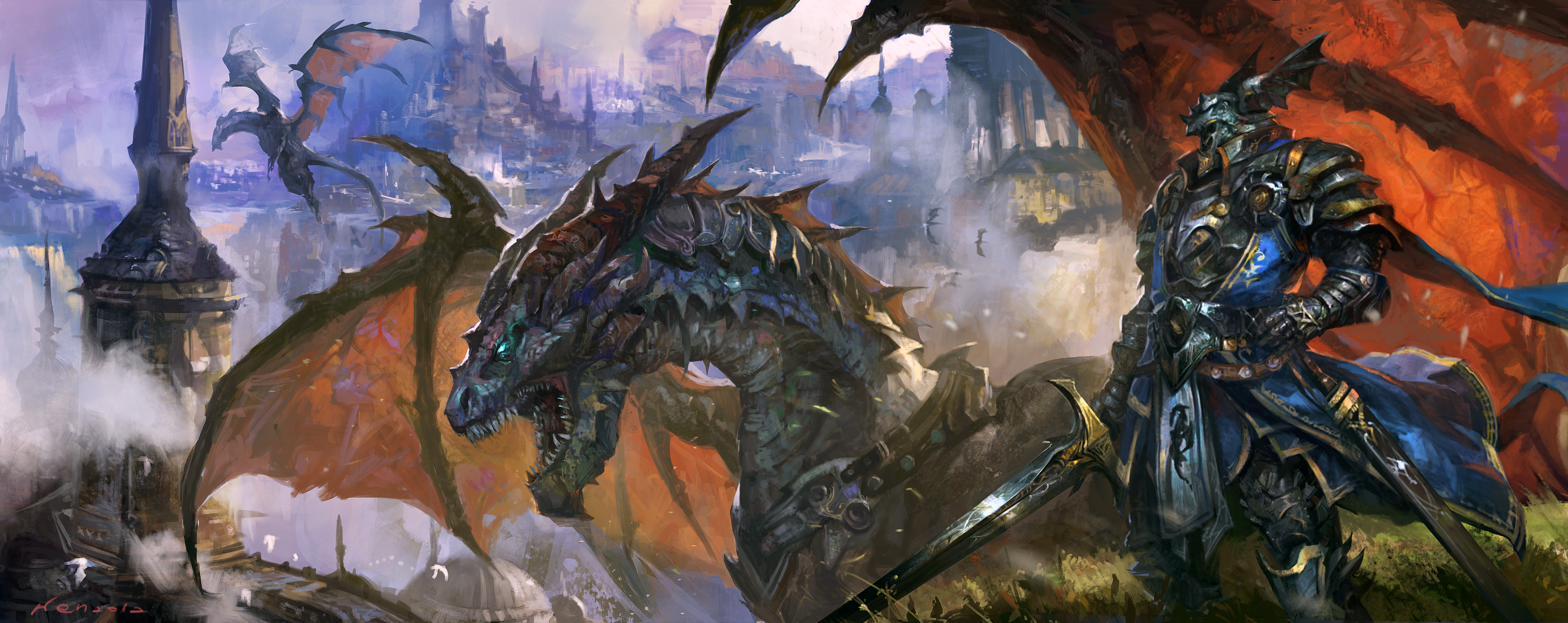 Download mobile wallpaper Fantasy, City, Dragon, Warrior, Knight, Armor, Sword for free.