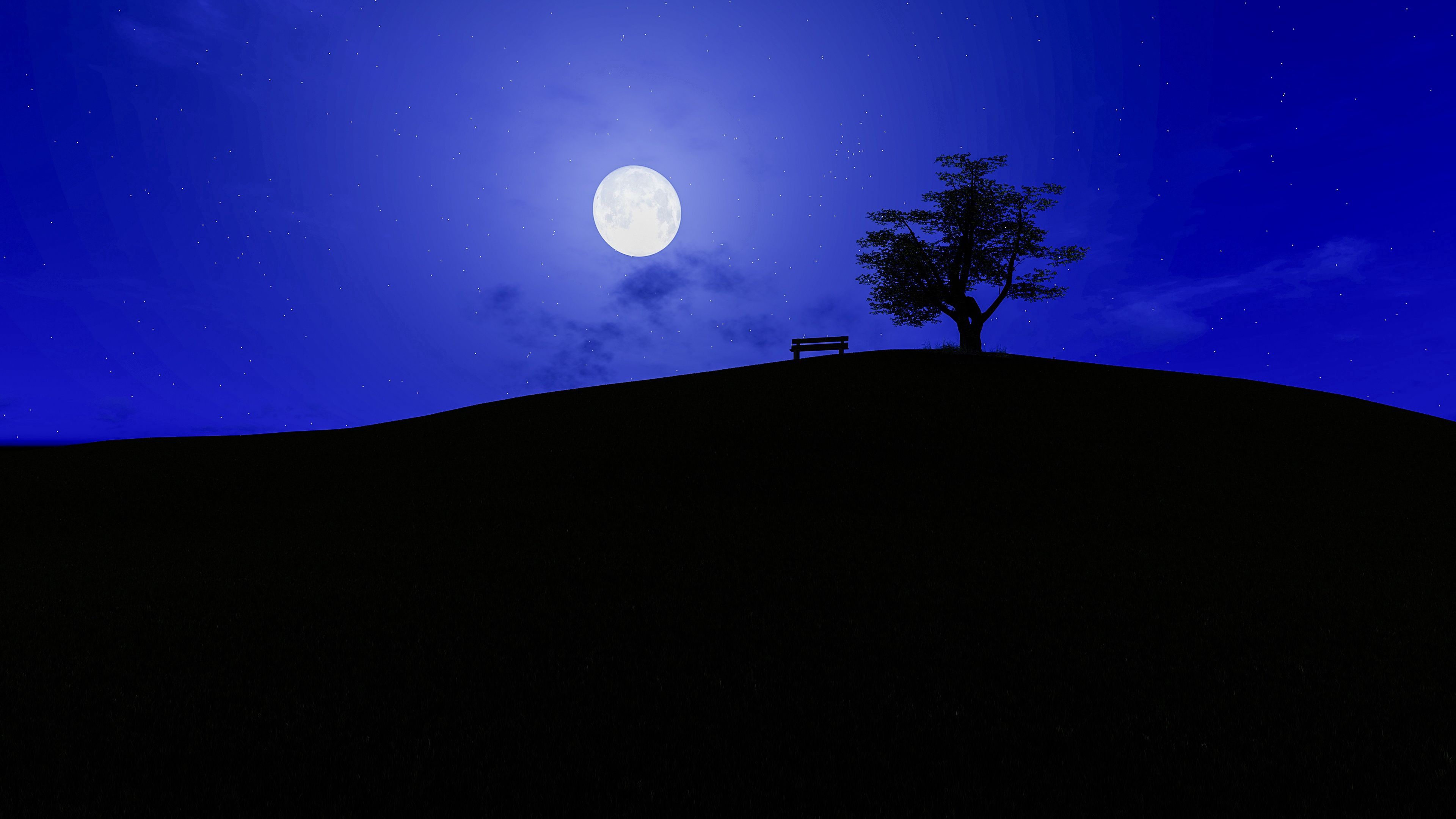 full moon, dark, bench, starry sky cell phone wallpapers